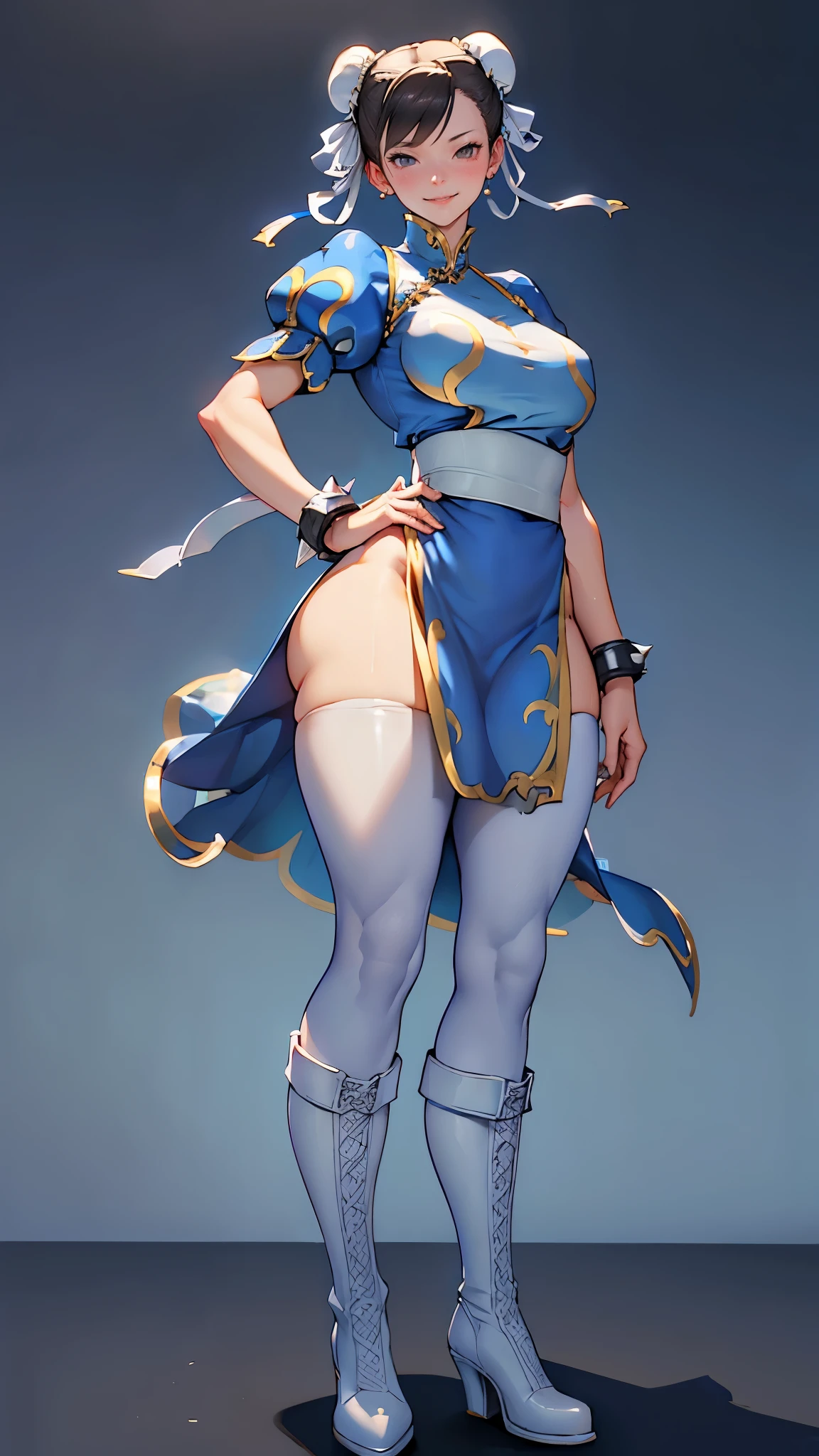 (masterpiece, best quality, realistically, Work, super detailed, 8k), chun-li,Beautiful young woman in blue dress,Smile,white boots,Exquisite facial features,tie hair, black leggings,Blue clothes, blue skirt, ,front standing posture ,facing the audience,full body portrait,gray background