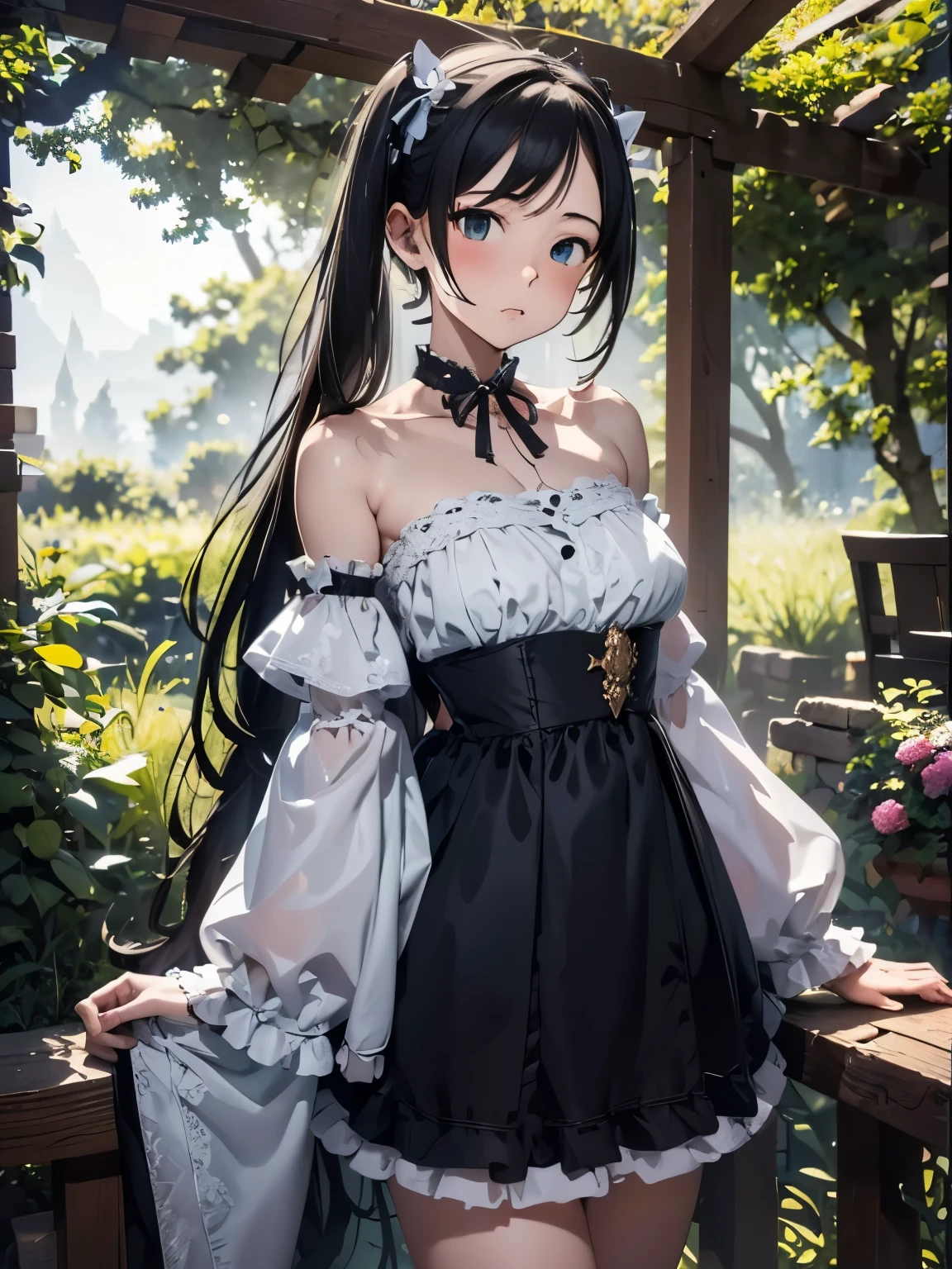 (masterpiece、highest quality、highest quality、Official Art、Beautiful and beautiful:1.2)、(One girl:1.3)Hatsune Miku、Twin tails,Beautiful breasts,(Tabletop:1.2), (highest quality:1.2), Perfect Eyes, Perfect Face, Perfect lighting, One Girl, Mature woman gosgar standing hand in front of her, Long Hair, Complex hairstyles, compensate, Black Lips, Thick eyelashes, sad, dark, Dressed in a Gosgar costume, Black and white dress, Frills, ribbon, Puffy sleeves, Exposing shoulders, Lace choker, jewelry, peaceful, Shhhh, Chill, Detailed outdoor background, Beautiful views, Fantasy, summer, sunny, Sunburn, Flowers, wood