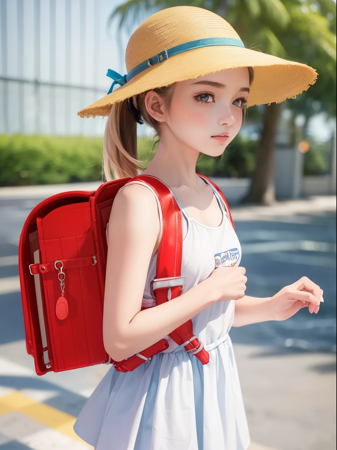 ((highest quality)),((super high quality))), beach in the evening, (((20-year-old cute college girl))), ((hair is ponytail)),((small breasts)),((wearing a dress)),((wearing sun hat)), (high quality photo with full body))),, wearing school backpack, side view, (school backpack:1.0)