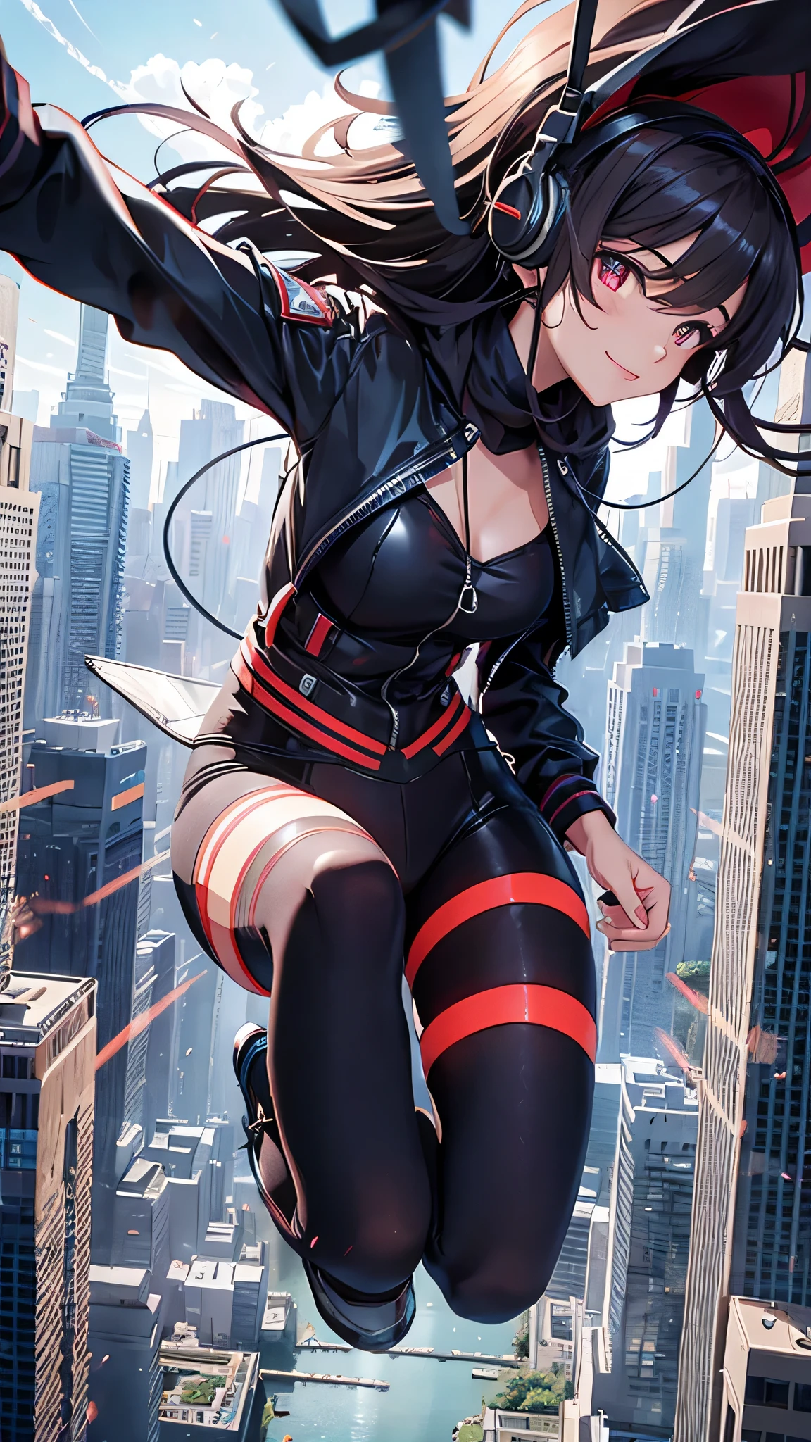 Highest quality、Highest quality、Masterpiece、girl((half、18-year-old、as soon as、Highest Bust、Medium Bust、Wide open chest、Red glowing eyes、Black Ear、Red Mesh、Disheveled Hair、Loincloth、thin、The best valley、Open chest、hair ornaments、Full body view、Black Suit、Random Pause、smile、headphone))、high quality、Beautiful Art、background((Collapsing Ground、no gravity、Floating Object、City of night、shooting star、universe))、flight、Flying Debris、Depth of text、movie、Visual Arts、Perfect Art、8K、Genuine、Special Angles