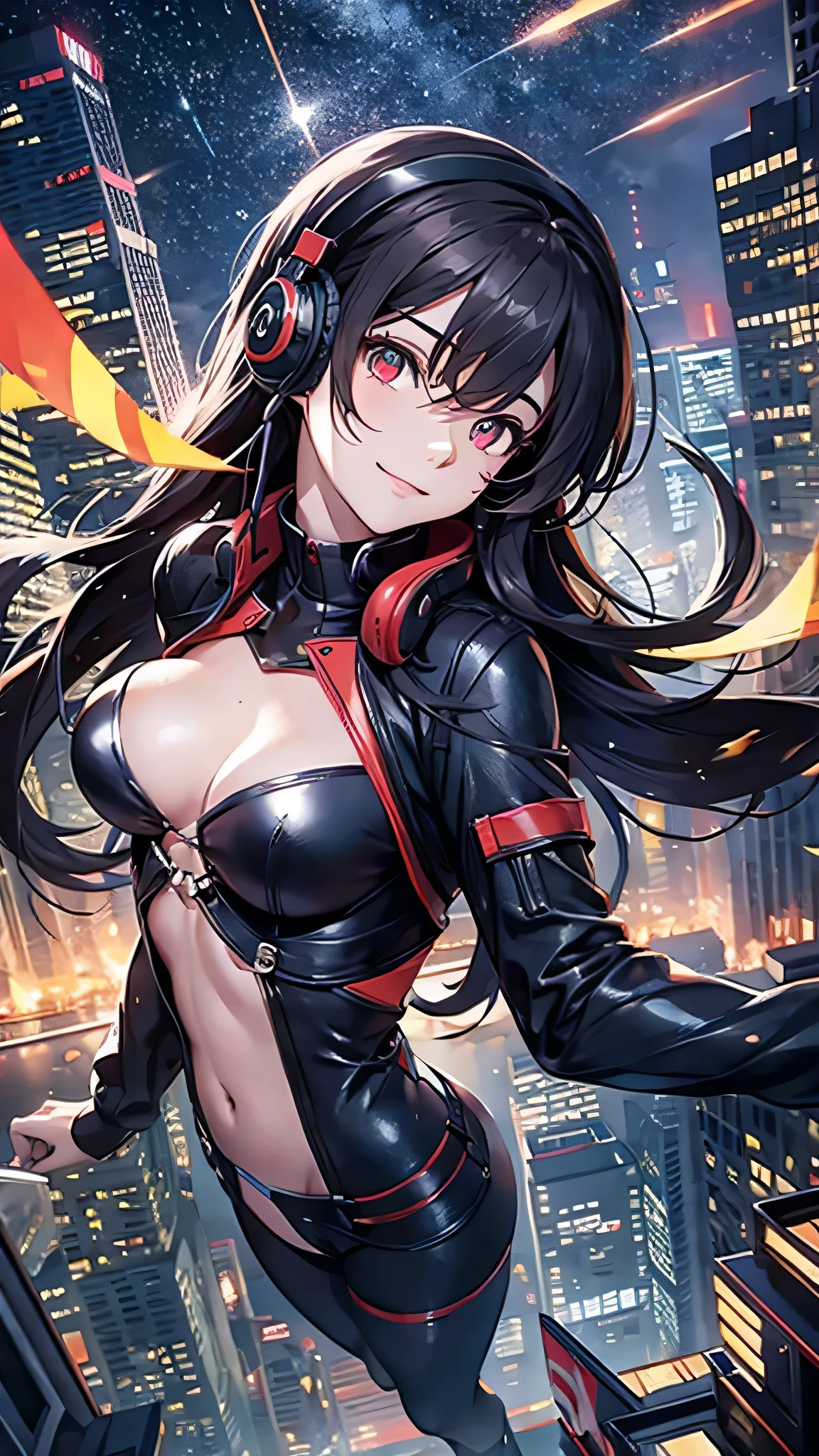 Highest quality、Highest quality、Masterpiece、girl((half、18-year-old、as soon as、Highest Bust、Medium Bust、Wide open chest、Red glowing eyes、Black Ear、Red Mesh、Disheveled Hair、Loincloth、thin、The best valley、Open chest、hair ornaments、Full body view、Black Suit、Random Pause、smile、headphone))、high quality、Beautiful Art、background((Collapsing Ground、no gravity、Floating Object、City of night、shooting star、universe))、flight、Flying Debris、Depth of text、movie、Visual Arts、Perfect Art、8K、Genuine、Special Angles