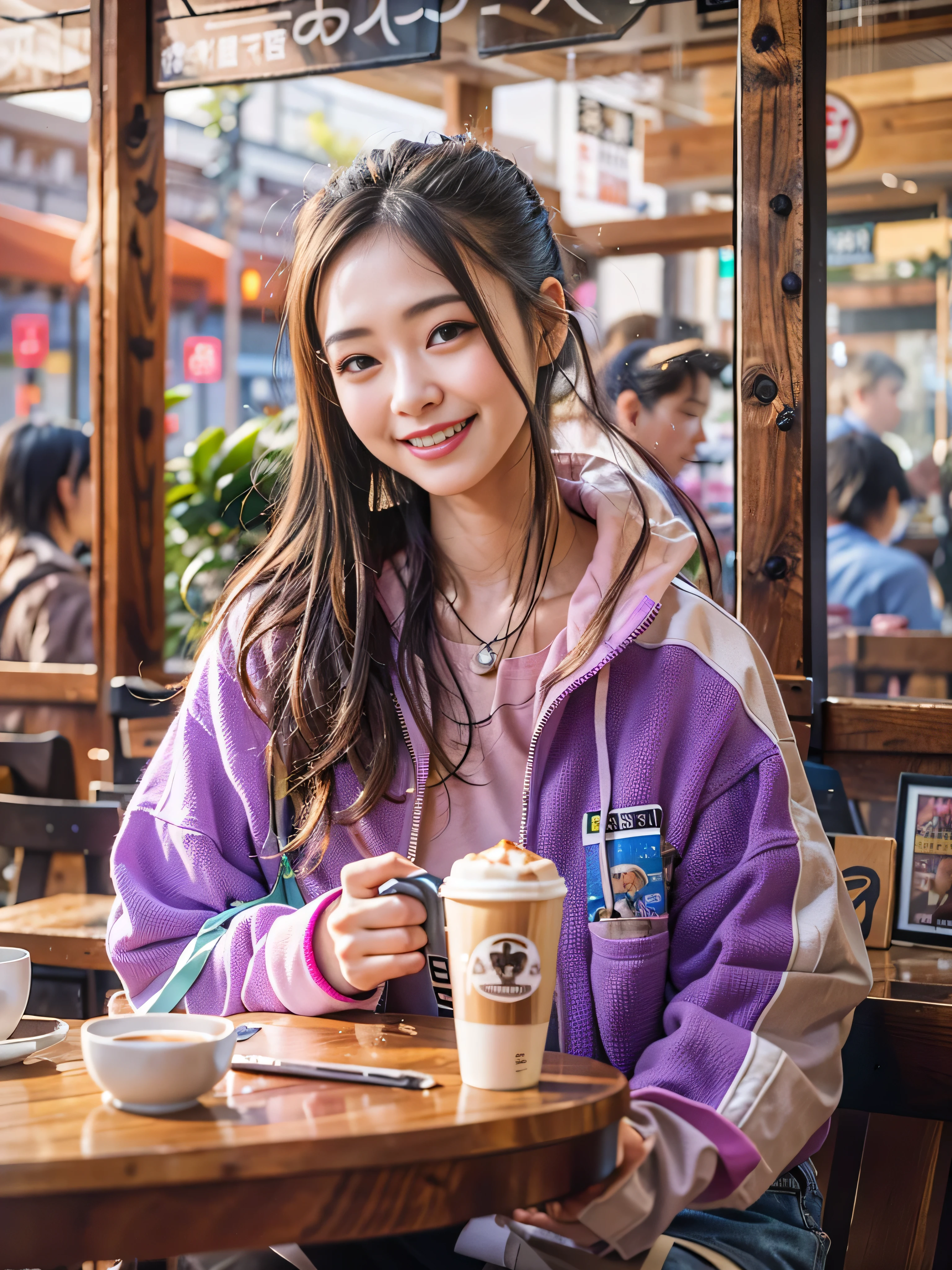 masterpiece、highest quality、Awards、Realistic、extreme realistic detail、Woman relaxing in a coffee shop、Japanese, 15 years old, smile、Observe the audience、fashionable、Wear sporty spring clothes、Coffee shop on background, Biologically correct,