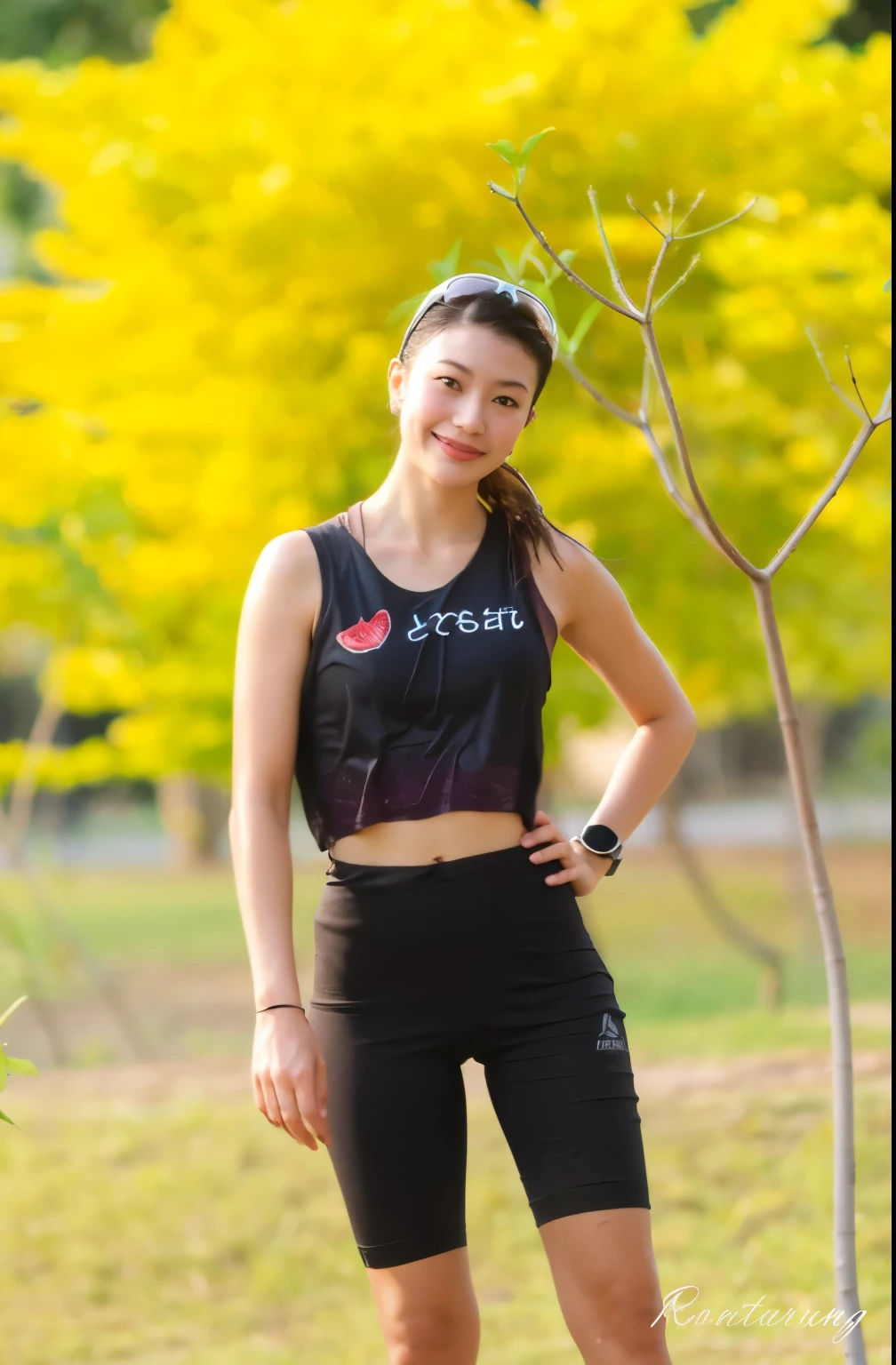 (8k、RAW Photos、highest quality、masterpiece:1.2)、(Realistic、Realistic)、1 girl、((garden、smile、Large Breasts、Tank top、Black shorts、Facing forward、Standing with hands on hips))、