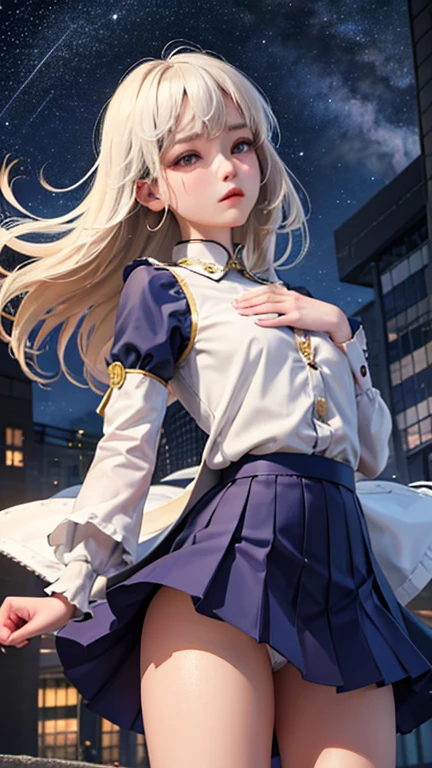 28 year old female。beautiful、City of night、Looking up at the stars in the sky、Serious face、Composition from below、Tons of stars、Place your hand on your 、Fluttering skirt、Plain white small  are slightly visible