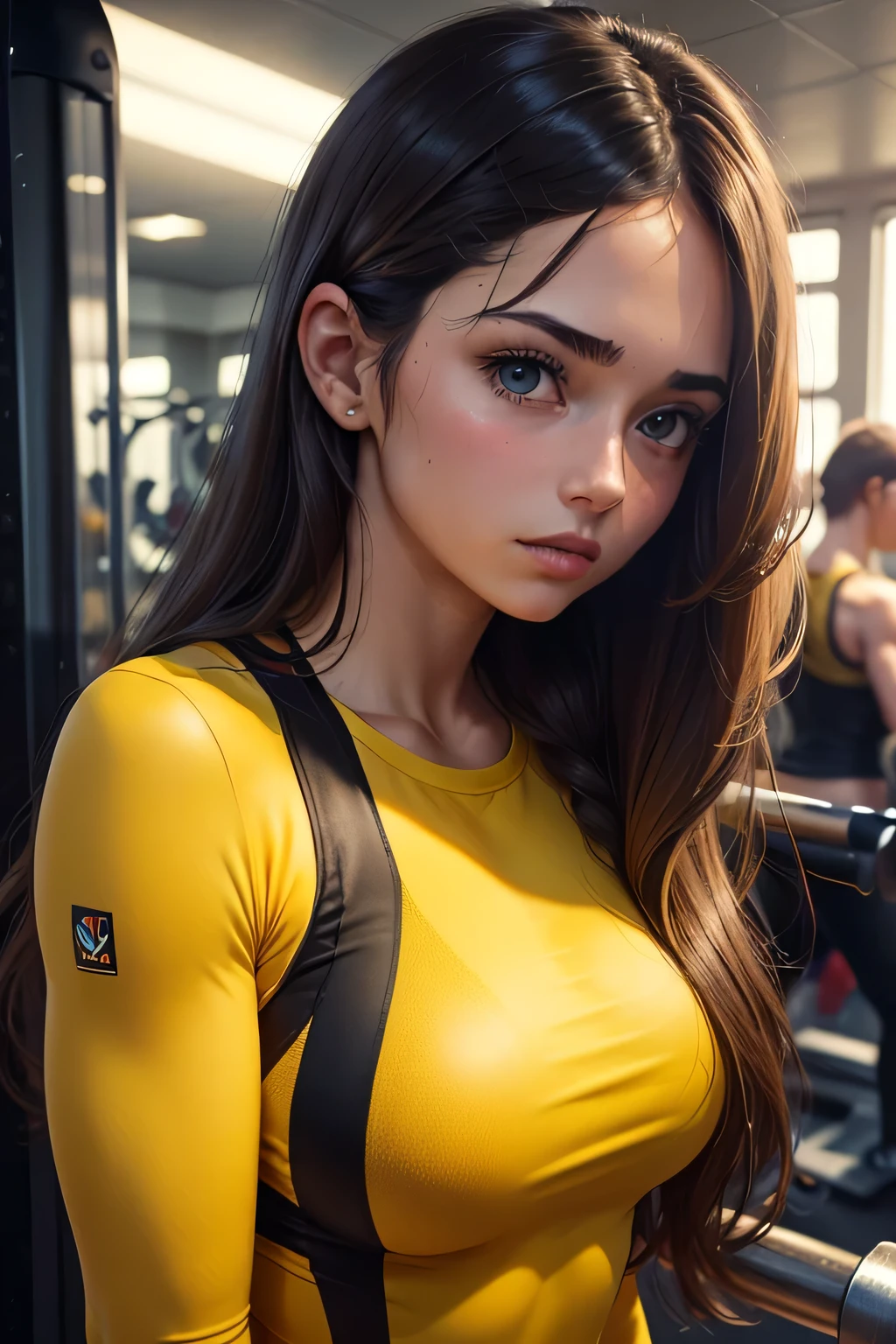 1 girl at the gym, long brunette hair, face flushed, wearing a yellow gym bodysuit, detailed image, high resolution, UHD