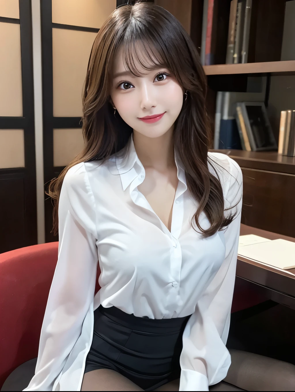 (Perfect Anatomy:1.2),Wearing a white open shirt,The front of the shirt is fluttering,Sexy woman sitting on a chair, Succubus,Wearing pantyhose, Crossing your legs, lower angle, Elegant legs, She wore a miniskirt secretary-style suit., Japanese actress, born,(8k、highest quality、masterpiece:1.2)、(Intricate details:1.4)、(Photorealistic:1.4)、Octane Rendering、Complex 3D rendering with ultra-detail, Studio Soft Light, Rim Light, Vivid details, Super Detail, Realistic skin texture, Detailed and beautiful face, Beautiful details in the eyes,compensate, (Detailed Background:1.2),Glowing Skin,Wavy long hair with no bangs,Random Hairstyles,Cute face:1.2,Age 20,Exposed thighs,Smiling,