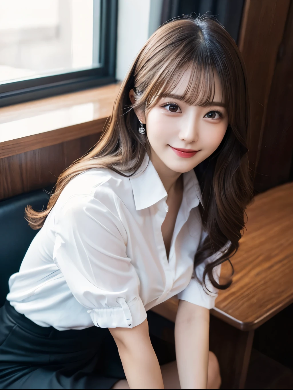(Perfect Anatomy:1.2),Wearing a white open shirt,The front of the shirt is fluttering,Sexy woman sitting on a chair, Succubus,Wearing pantyhose, Crossing your legs, lower angle, Elegant legs, She wore a miniskirt secretary-style suit., Japanese actress, born,(8k、highest quality、masterpiece:1.2)、(Intricate details:1.4)、(Photorealistic:1.4)、Octane Rendering、Complex 3D rendering with ultra-detail, Studio Soft Light, Rim Light, Vivid details, Super Detail, Realistic skin texture, Detailed and beautiful face, Beautiful details in the eyes,compensate, (Detailed Background:1.2),Glowing Skin,Wavy long hair with no bangs,Random Hairstyles,Cute face:1.2,Age 20,Exposed thighs,Smiling,