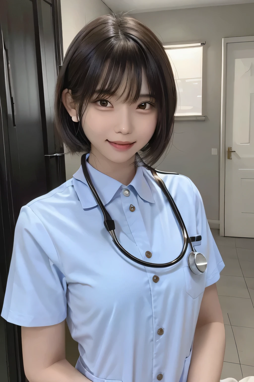 205 ((short hair)), 20-year-old female, Surrealism, Flower Smile、Gums are visible、Beautiful teeth alignment、Black Hair、ear piercing、nurse、Nurse uniform、Stethoscope、The background is in the room、Mask on mouth