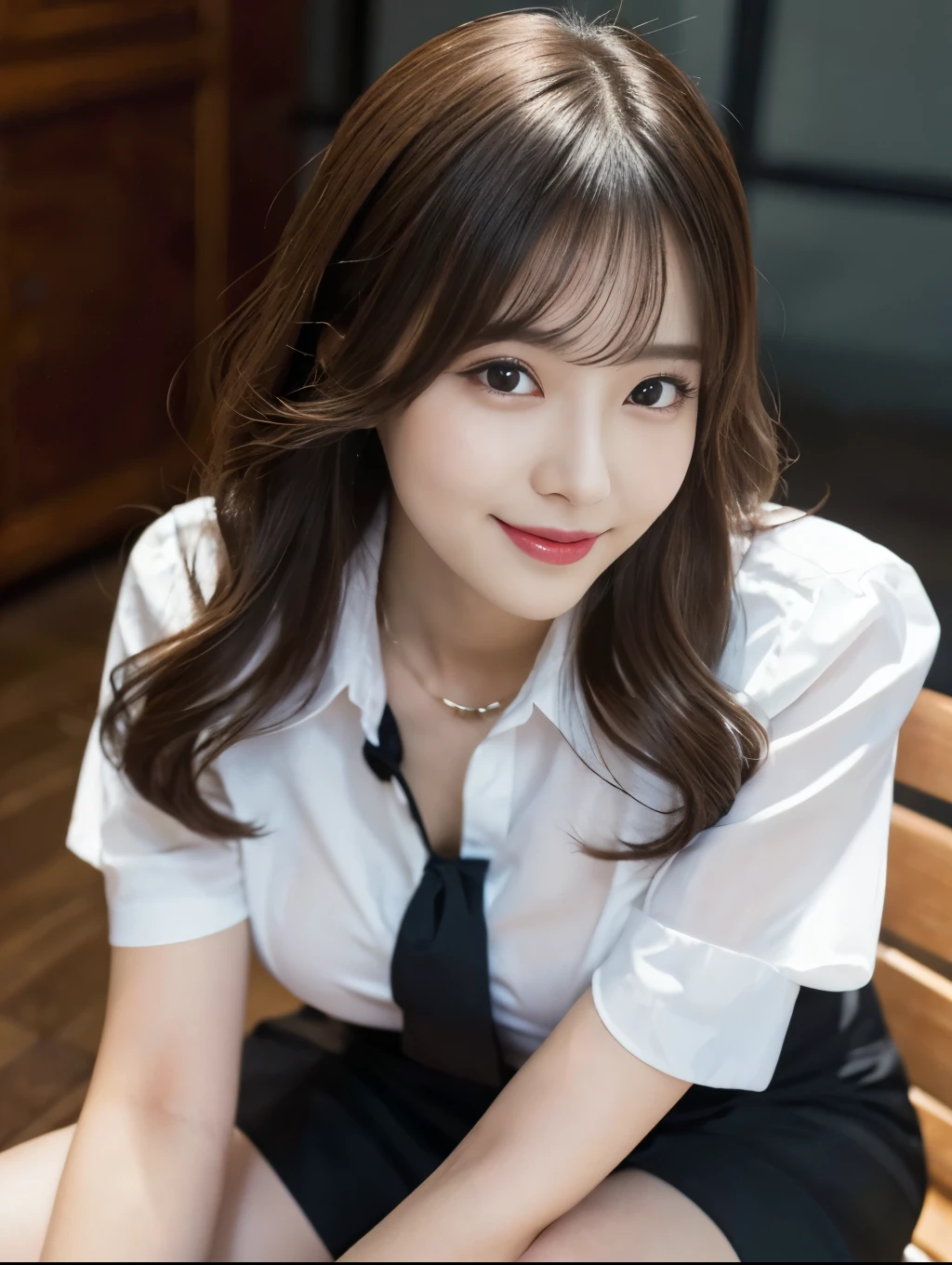 (Perfect Anatomy:1.2),Wearing a white open shirt,The front of the shirt is fluttering,Sexy woman sitting on a chair, Succubus,Wearing pantyhose, Crossing your legs, lower angle, Elegant legs, She wore a miniskirt secretary-style suit., Japanese actress, born,(8k、highest quality、masterpiece:1.2)、(Intricate details:1.4)、(Photorealistic:1.4)、Octane Rendering、Complex 3D rendering with ultra-detail, Studio Soft Light, Rim Light, Vivid details, Super Detail, Realistic skin texture, Detailed and beautiful face, Beautiful details in the eyes,compensate, (Detailed Background:1.2),Glowing Skin,Wavy long hair with no bangs,Random Hairstyles,Cute face:1.2,Age 20,Exposed thighs,Smiling,