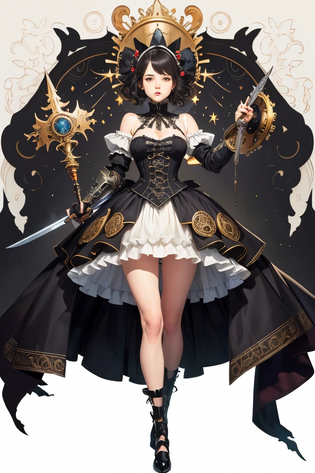 ((best quality)), ((masterpiece)), (detailed), perfect face ((best quality)), ((masterpiece)), (detailed), blank white background, plain background, white background, Bloodborne inspired,  occult aesthetic, occult, detailed and intricate steampunk and detailed gothic, (zentangle, mandala, tangle, entangle),  NSFW, torn clothing, Very dramatic and cinematic lighting, cosmic horror, grim-dark, side-lighting, perfect face, a beautiful goddess adorned and enshrined in armour, Bloodborne inspired , occult aesthetic , occult , detailed and intricate steampunk and detailed gothic , wielding a sword and holding a shield, NSFW, Fluttering lace flared short dress with frilly petticoats, knee length dress, pleated petticoats, lolita dress, petticoats gothic lolita, side-lighting, gothic lolita aesthetic, beautiful small breasts, small breasts, full body, whole body, body, plain background, white background, blank background, no background, white background NSFW, full body, whole body, head-to-toe