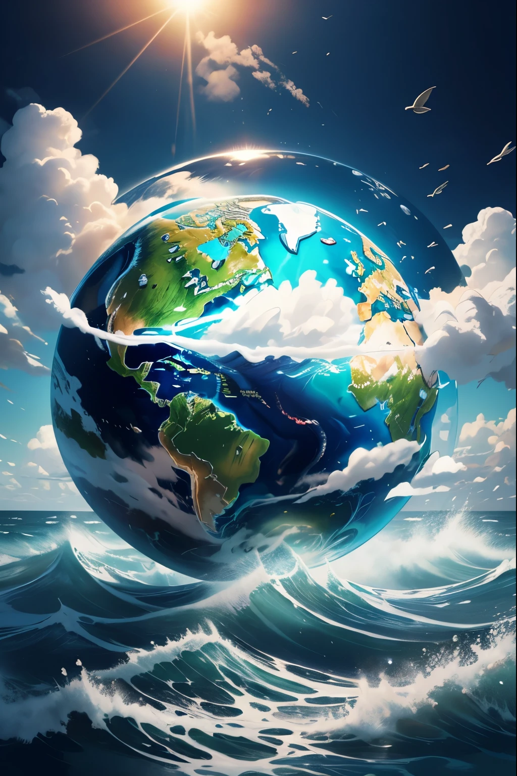 cartoonic illustration of the planet earth as a globe sweating and blowing away the pollution and emissions with its ocean water, environmental awareness art with transparent background