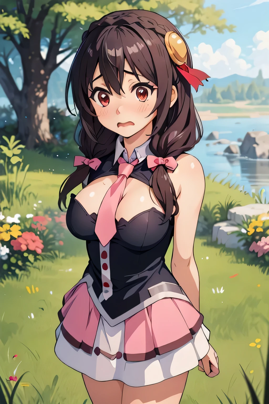 (masterpiece, highest quality), One girl, Yunyun,Long Hair,Braiding,Twin tails,Hair between the eyes,Hair Ribbon,hair ornaments,Slightly larger ,tie,Pink Skirt、Red Eyes、Surprised face、grass、Mouth open