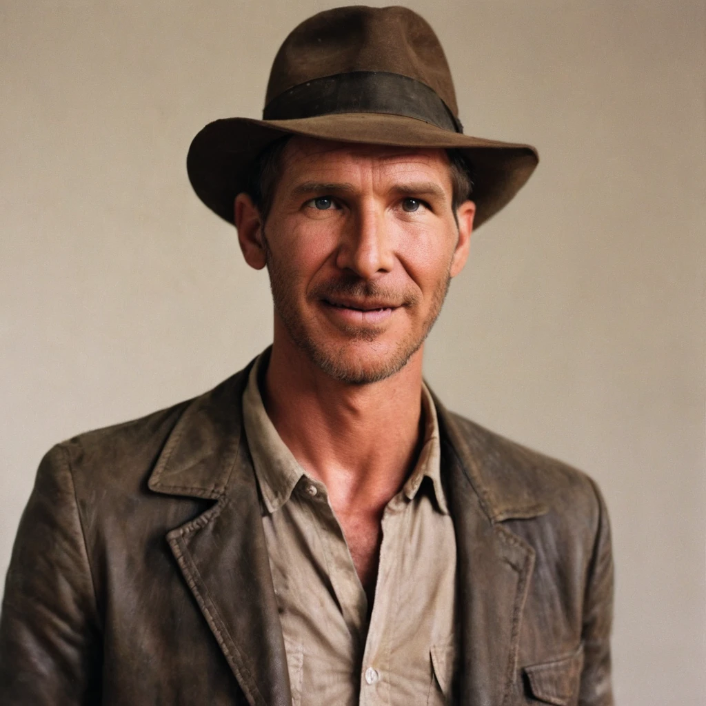 Indianajones Person portrait with a charming smile, blurred background, Sideshow, eerie moody, iconic hat, film grain movie scene.