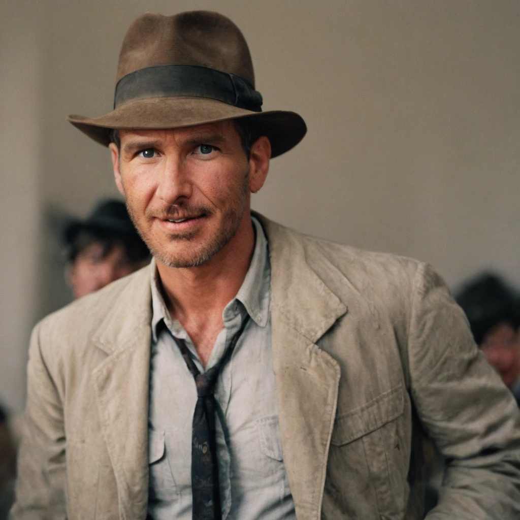 Indianajones Person portrait with a charming smile, blurred background, Sideshow, eerie moody, iconic hat, film grain movie scene.