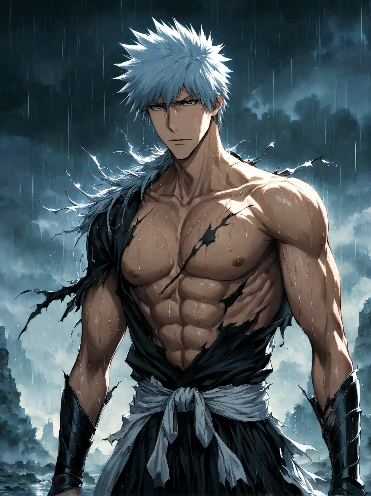 1boy, male focus, kurosaki ichigo, bleach, black hakama, tensa zangetsu (bankai), torn clothes, outdoors, rain, pectoralasterpiece), (best quality), (ultra-detailed), very aesthetic, illustration, disheveled hair, perfect composition, moist skin, intricate details