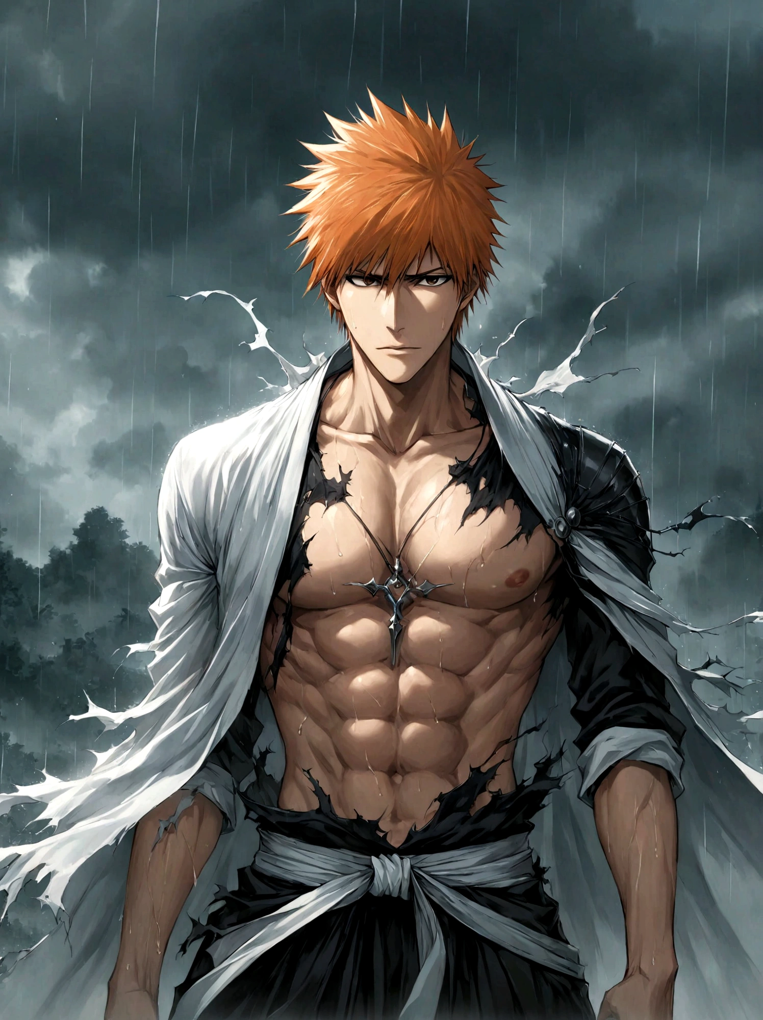 1boy, male focus, kurosaki ichigo, bleach, black hakama, tensa zangetsu (bankai), torn clothes, outdoors, rain, pectoralasterpiece), (best quality), (ultra-detailed), very aesthetic, illustration, disheveled hair, perfect composition, moist skin, intricate details