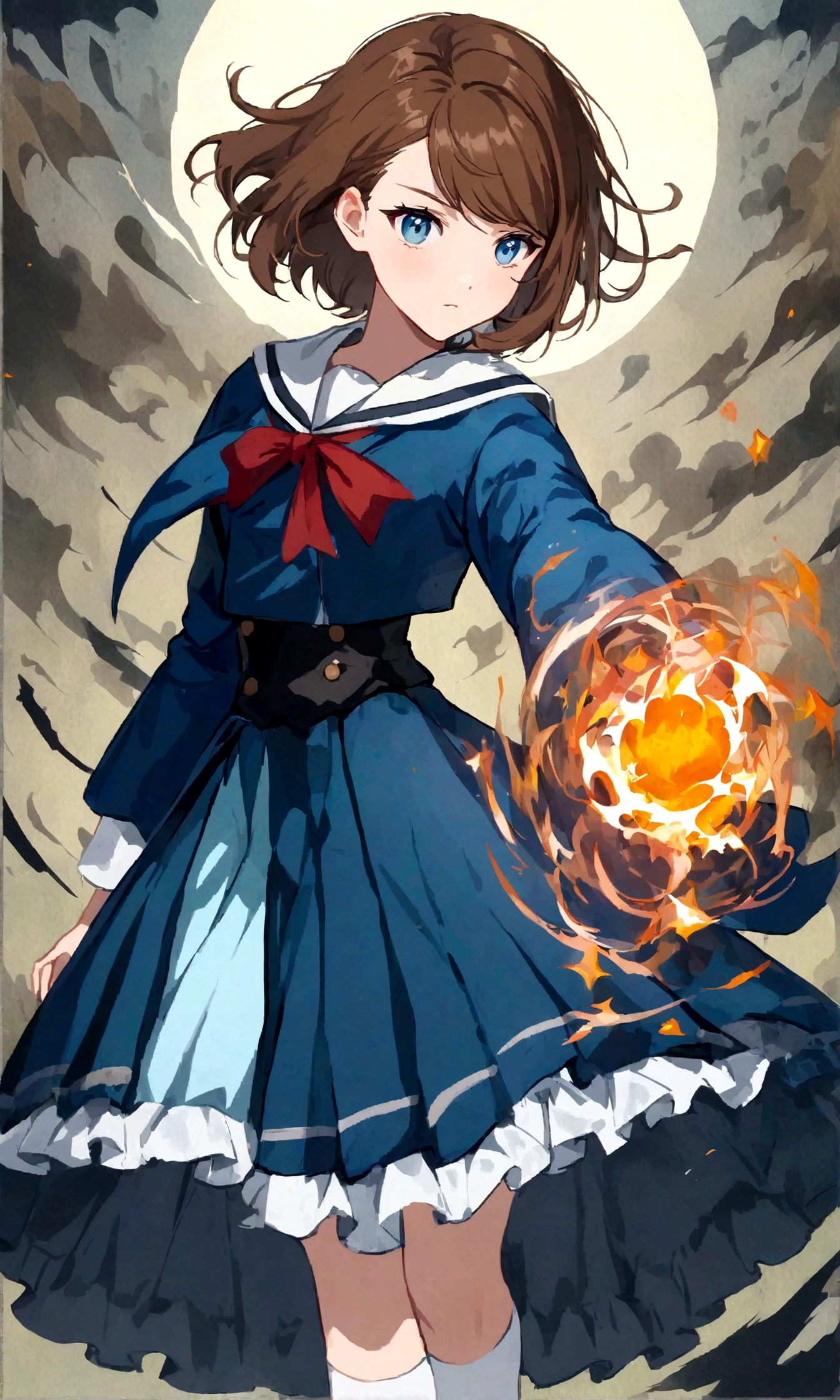 (hair swept bangs:1.3) (brown hair:1.3), a close up of a woman in a blue dress and white socks, loose coat collar sailor uniform, fantasy style clothing, sakimichan, japanese clothes, style anime, magical school student uniform, witchcore clothes, magic , ta style, anime girl cosplay, jk uniform, victorian blue dress, decorative dark blue clothing, gloomy style, anime set style