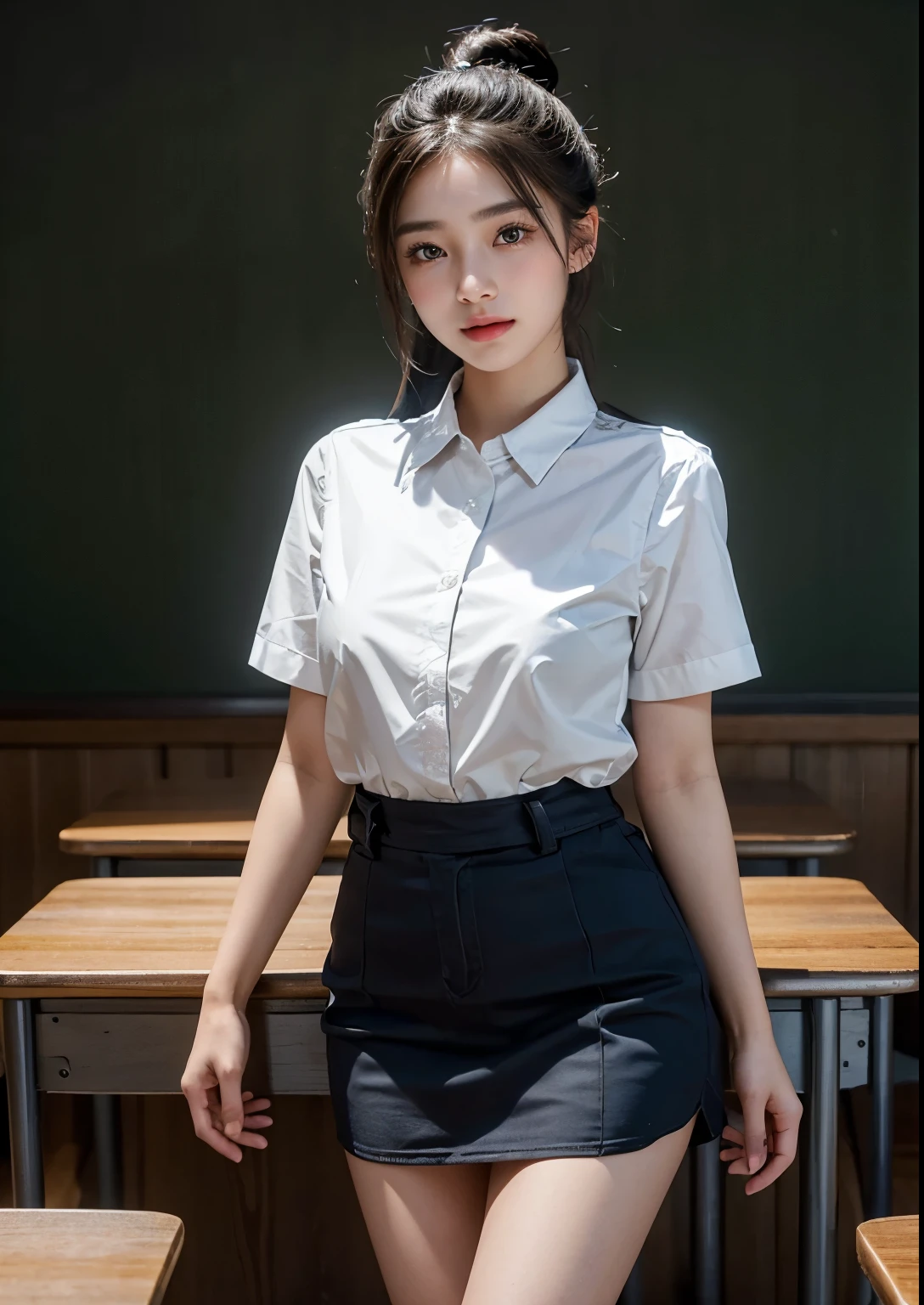 a beautiful cute and sweet 18 year old Korean college student girl in a classroom, standing with an above knee length seafoam uniform, intricate detailed face, beautiful eyes, nose, lips, long eyelashes, elegant posture, ambient lighting, photorealistic, cinematic lighting, highly detailed, 8k, masterpiece, beautiful face, realistic face, realistic skin, realistic smile, realistic atmosphere, every thing is realistic, cutest smile, realistic body, realistic body language, mouth watering beauty, cute face, stylish look, stylish angles, tempting eyes, realistic hands, realistic arms, realistic hand fingers, realistic legs, bright skin, perfect body figure, round youngest breasts, standing support with class room wall, in class a room, black board, books, bags, friends in a background, glowing skin, glowing face, black silky hair, beautiful hairstyle, (one hand on curvy hip), hair bun, book in hand,