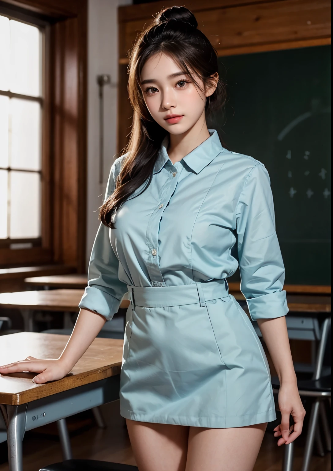 a beautiful cute and sweet 18 year old Korean college student girl in a classroom, standing with an above knee length seafoam uniform, intricate detailed face, beautiful eyes, nose, lips, long eyelashes, elegant posture, ambient lighting, photorealistic, cinematic lighting, highly detailed, 8k, masterpiece, beautiful face, realistic face, realistic skin, realistic smile, realistic atmosphere, every thing is realistic, cutest smile, realistic body, realistic body language, mouth watering beauty, cute face, stylish look, stylish angles, tempting eyes, realistic hands, realistic arms, realistic hand fingers, realistic legs, bright skin, perfect body figure, round youngest breasts, standing support with class room wall, in class a room, black board, books, bags, friends in a background, glowing skin, glowing face, black silky hair, beautiful hairstyle, (one hand on curvy hip), hair bun, book in hand,