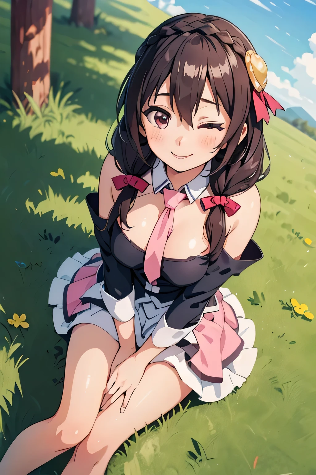 1girl,solo,yuuki mikan,, smile,brown hair,, ,1girl,garden,(((maid costume))),small breasts breasts,miniskirt,(((sweating,blush))),open mouth