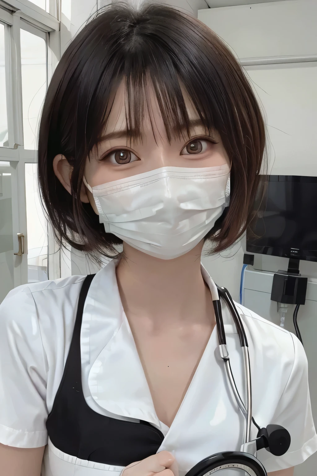 205 ((short hair)), 20-year-old female, Surrealism, Flower Smile、Black Hair、ear piercing、nurse、Nurse uniform、Stethoscope、The background is in the room、Mask on mouth
