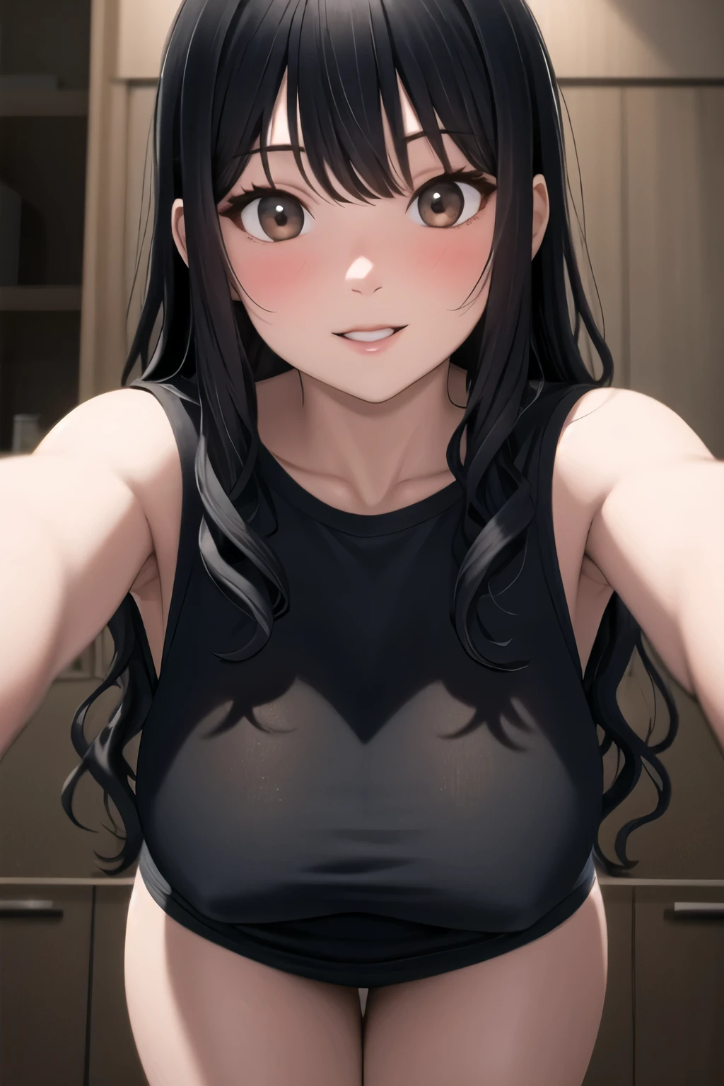 American girl of 18, video gamer, wearing translucent short T-shirt, black hair, ((blush: 0.8)), natural skin texture, 4K textures, highly detailed, insane details, faint colors , ((long wavy hair)), ((smile on face: 0.4)), (no panties: 0.2), ((looking directly at the camera)), ((tilted head: 0.8 )), ((giant breasts:1)).