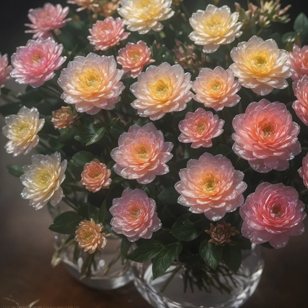 Stunning flowers in a crystal vase, the petals radiant in vibrant hues, perfectly arranged in a high-quality arrangement, reminiscent of Claude Monet's water lilies. Detailed and realistic close-ups showcase the intricate beauty of each bloom, lit from above for a volumetric effect. A central focus and clear lighting accentuate the delicate textures and subtle details, capturing the essence of a Monet painting. This photograph was taken with a Nikon D850 and a 105mm macro lens, using natural light for a soft and airy look.post-processed in Adobe Lightroom and Photoshop for optimization, resulting in a true