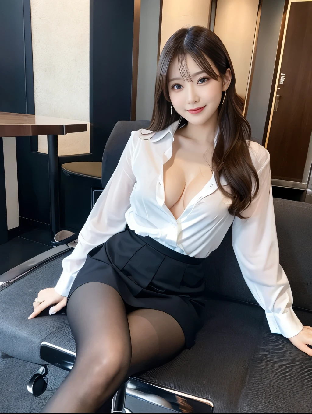 (Perfect Anatomy:1.2),Wearing a white open shirt,The front of the shirt is fluttering,Sexy woman sitting on a chair, Succubus,Wearing pantyhose, Crossing your legs, lower angle, Elegant legs, She wore a miniskirt secretary-style suit., Japanese actress, born,(8k、highest quality、masterpiece:1.2)、(Intricate details:1.4)、(Photorealistic:1.4)、Octane Rendering、Complex 3D rendering with ultra-detail, Studio Soft Light, Rim Light, Vivid details, Super Detail, Realistic skin texture, Detailed and beautiful face, Big eyes with beautiful details,compensate, (Detailed Background:1.2),Glowing Skin,Wavy long hair with no bangs,Random Hairstyles,Expose your forehead,Cute face:1.2,Age 20,Exposed thighs,Smiling,