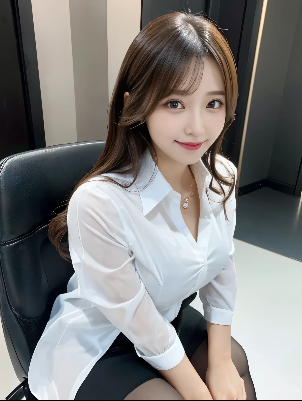 (Perfect Anatomy:1.2),Wearing a white open shirt,The front of the shirt is fluttering,Sexy woman sitting on a chair, Succubus,Wearing pantyhose, Crossing your legs, lower angle, Elegant legs, She wore a miniskirt secretary-style suit., Japanese actress, born,(8k、highest quality、masterpiece:1.2)、(Intricate details:1.4)、(Photorealistic:1.4)、Octane Rendering、Complex 3D rendering with ultra-detail, Studio Soft Light, Rim Light, Vivid details, Super Detail, Realistic skin texture, Detailed and beautiful face, Big eyes with beautiful details,compensate, (Detailed Background:1.2),Glowing Skin,Wavy long hair with no bangs,Random Hairstyles,Expose your forehead,Cute face:1.2,Age 20,Exposed thighs,Smiling,