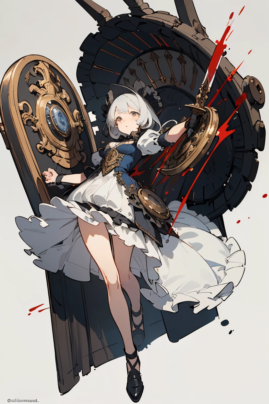 ((best quality)), ((masterpiece)), (detailed), perfect face ((best quality)), ((masterpiece)), (detailed), blank white background, plain background, white background, Bloodborne inspired, occult aesthetic, occult, detailed and intricate steampunk and detailed gothic, (zentangle, mandala, tangle, entangle), NSFW, torn clothing, Very dramatic and cinematic lighting, cosmic horror, grim-dark, side-lighting, perfect face, a beautiful goddess adorned and enshrined in armour, Bloodborne inspired , occult aesthetic , occult , detailed and intricate steampunk and detailed gothic , wielding a sword and holding a shield, NSFW, Fluttering lace flared short dress with frilly petticoats, knee length dress, pleated petticoats, lolita dress, petticoats gothic lolita, side-lighting, gothic lolita aesthetic, beautiful small breasts, small breasts, full body, whole body, body, plain background, white background, blank background, no background, white background NSFW, full body, whole body, head-to-toe