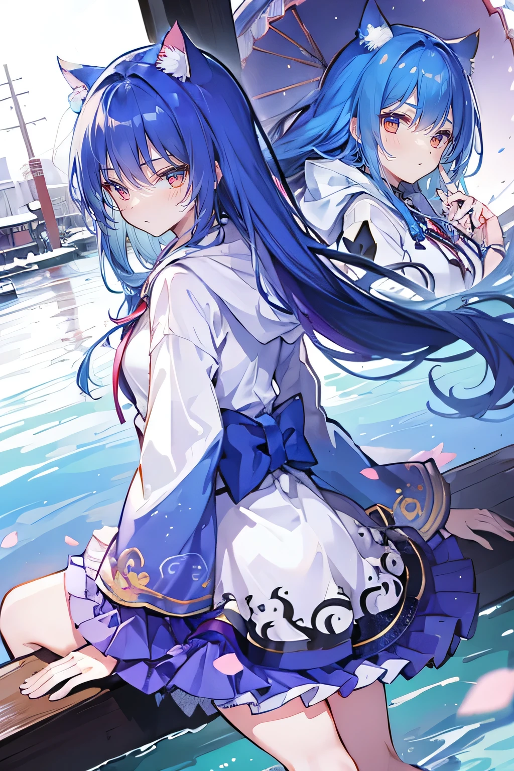 （masterpiece：1.2），Super detailed，lifelike，Expressive eyes，fair skin，perfect face shape，1 girl，
Japanese comics,Gorgeous blue hair,flowing blue hair,flowing clothes,Cat ears,Petals fall,beautiful lola,Baby Angel,
Shaking head with one hand，Cross your legs，Gentle and peaceful background，The pavilion is cool and comfortable,smile, wearing hoodie, background of tokyo,back views,snowing, winter,lie on the water.