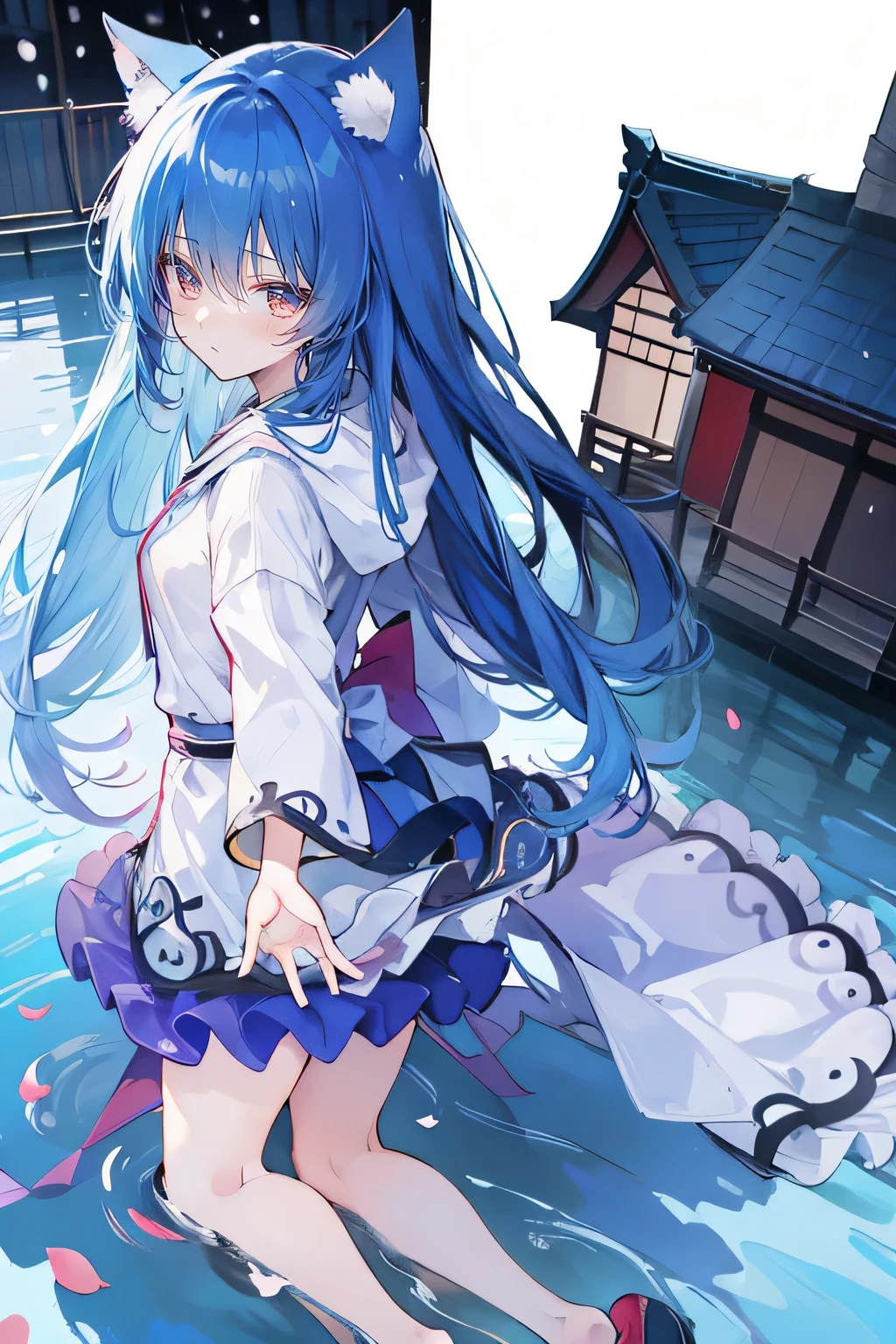 (masterpiece:1.2),Super detailed,lifelike,Expressive eyes,fair skin,perfect face shape,1 girl,
Japanese comics,Gorgeous blue hair,flowing blue hair,flowing clothes,Cat ears,Petals fall,beautiful lola,Baby Angel,
Shaking head with one hand,Cross your legs,Gentle and peaceful background,The pavilion is cool and comfortable,smile, wearing hoodie, background of tokyo,back views,snowing, winter,lie on the water.