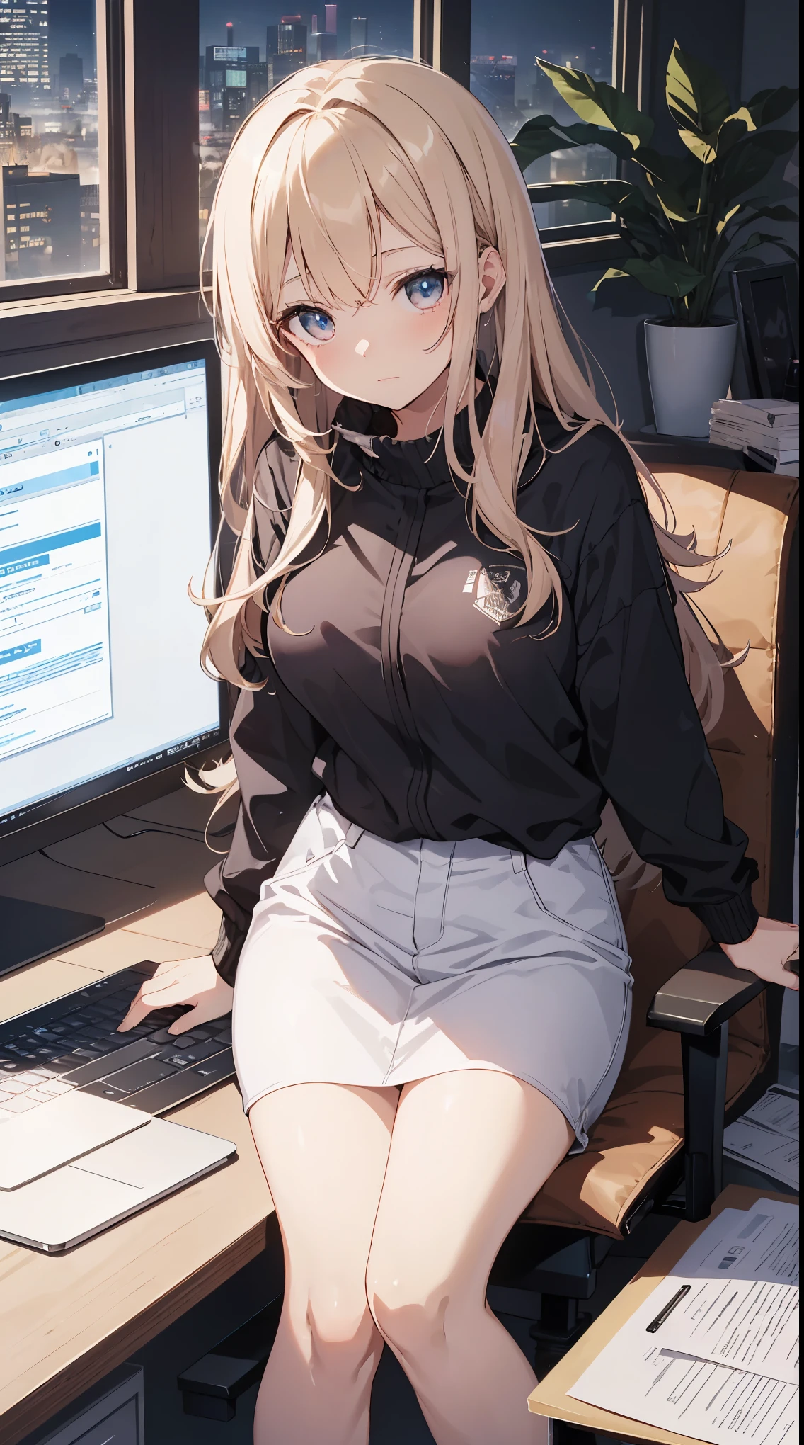 This illustration depicts a cute girl working in an office in a high-rise building, at a moment when she is tired of the situation. She is working on her laptop and is facing the monitor. His eyes are shining. Inside the room are piles of documents, an office desk and chair, a monitor, etc. However, the most notable thing is the "final mysterious high-energy body" she emits. This energy body is released from her body and has the power to obliterate the garbage in the room. emits a pale, white light that reaches every corner of the room. The view from the window is a night view. A girl with a satisfied expression is sitting.night
