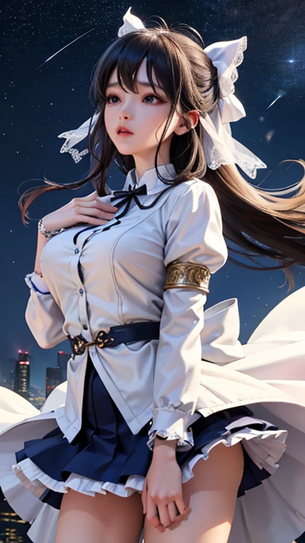 28 year old female。beautiful、City of night、Looking up at the stars in the sky、Serious face、Composition from below、Tons of stars、Place your hand on your chest、Fluttering skirt、White panties with no ribbon showing