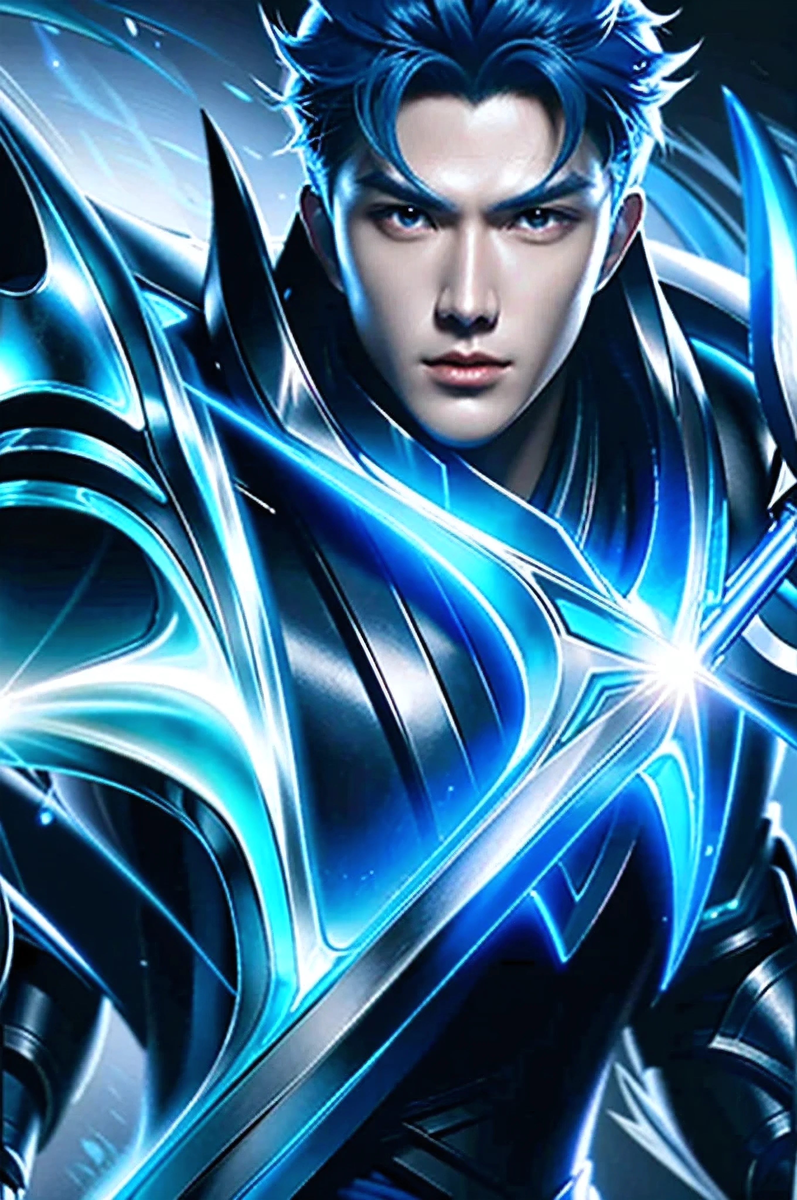 Close-up of a man holding a sword and a blue light, heise jinyao, Official Splash Art, Splash Art, wallpaper splash art promo art, Inspired by Huang Shen, character splash art, zhao yun, iconic character splash art, Extremely detailed Artgerm, by Yang J, mobile legends, G Liulian art style, Ashe