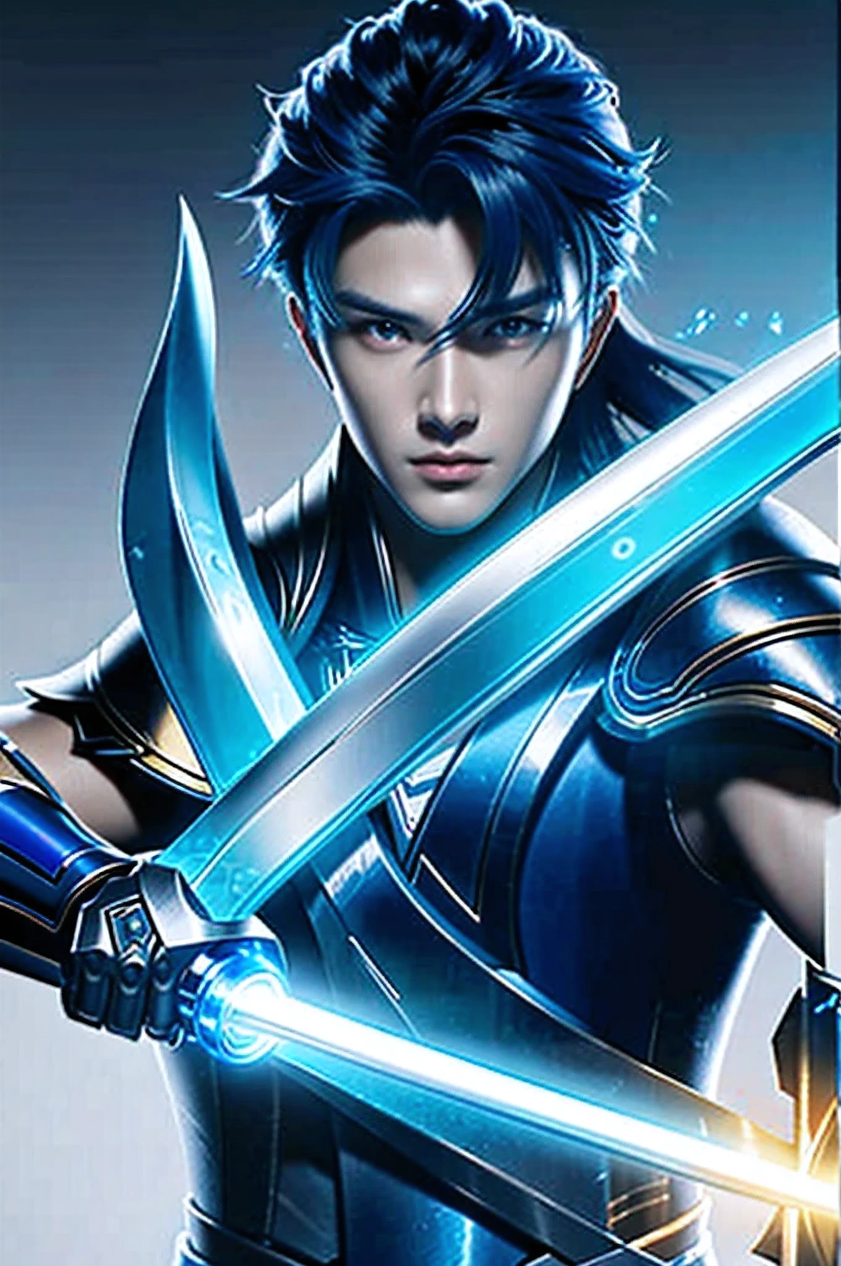 Close-up of a man holding a sword and a blue light, heise jinyao, Official Splash Art, Splash Art, wallpaper splash art promo art, Inspired by Huang Shen, character splash art, zhao yun, iconic character splash art, Extremely detailed Artgerm, by Yang J, mobile legends, G Liulian art style, Ashe