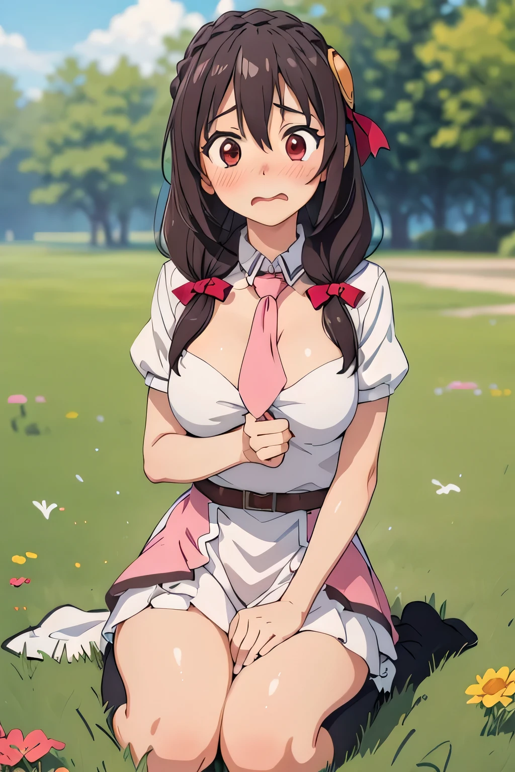 (masterpiece, highest quality), One girl, Yunyun,Long Hair,Braiding,Twin tails,Hair between the eyes,Hair Ribbon,hair ornaments,Slightly larger breasts,tie,Pink Skirt、Red Eyes、Surprised face、grass、Mouth open、blush、Surprised pose、seiza