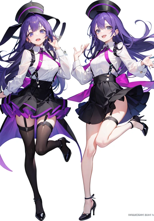 Purple Hair,long hair,1 female,White shirt,(Body Harness),Tight Skirt,High heels,,((Simple White background)),((Laughing with mouth open)),(whole body),((Full Body)),Portraits,virtual,upright,
