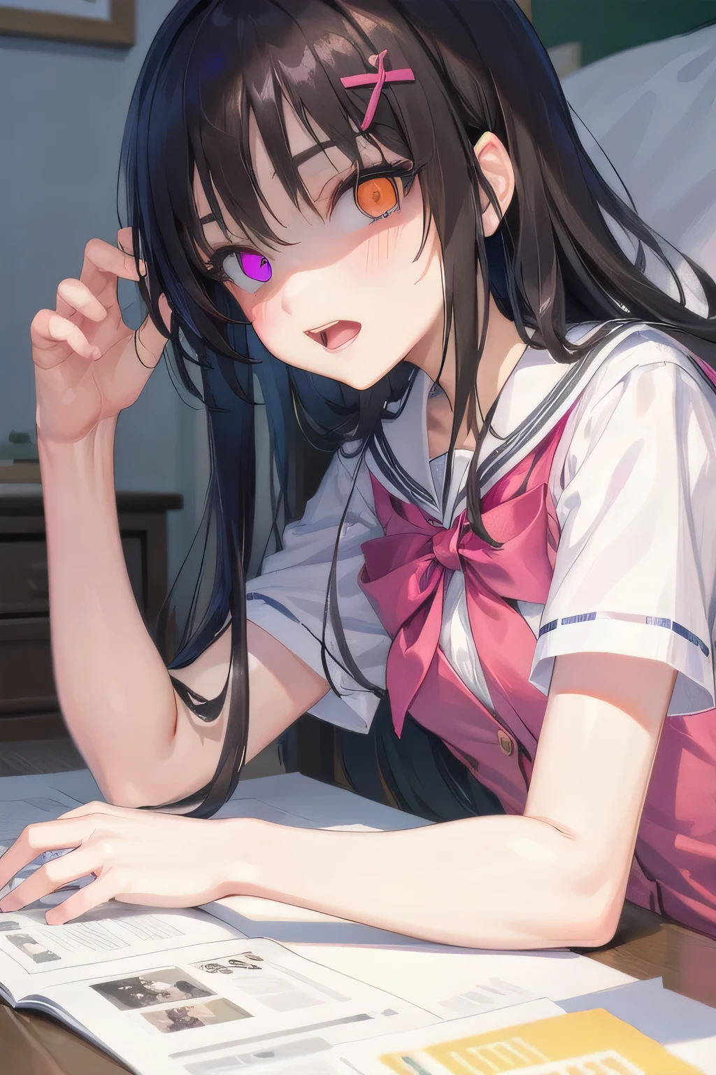 (Tabletop:1.0), (highest quality:1.4), (High resolution:1.2), From the side,Sharp contours, boyish, highest quality, masterpiece,Glasses,Voice of the Heart,yandere,Browsing Caution,On the bed,nude,facial,Excessive ,Chest to chest,Lying face down,Upper Body,Ecstasy,saliva,blush,Squint your eyes,Heterochromia iridis,