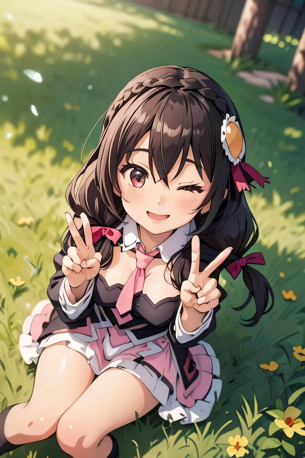 (masterpiece, highest quality), One girl,    Yunyun,Long Hair,Braiding,Twin tails,Hair between the eyes,Hair Ribbon,hair ornaments,Slightly larger breasts,tie,Pink Skirt、Both eyes closed、smile、Girl sitting on the grass、Upward glance、View from above、A peace sign with one hand