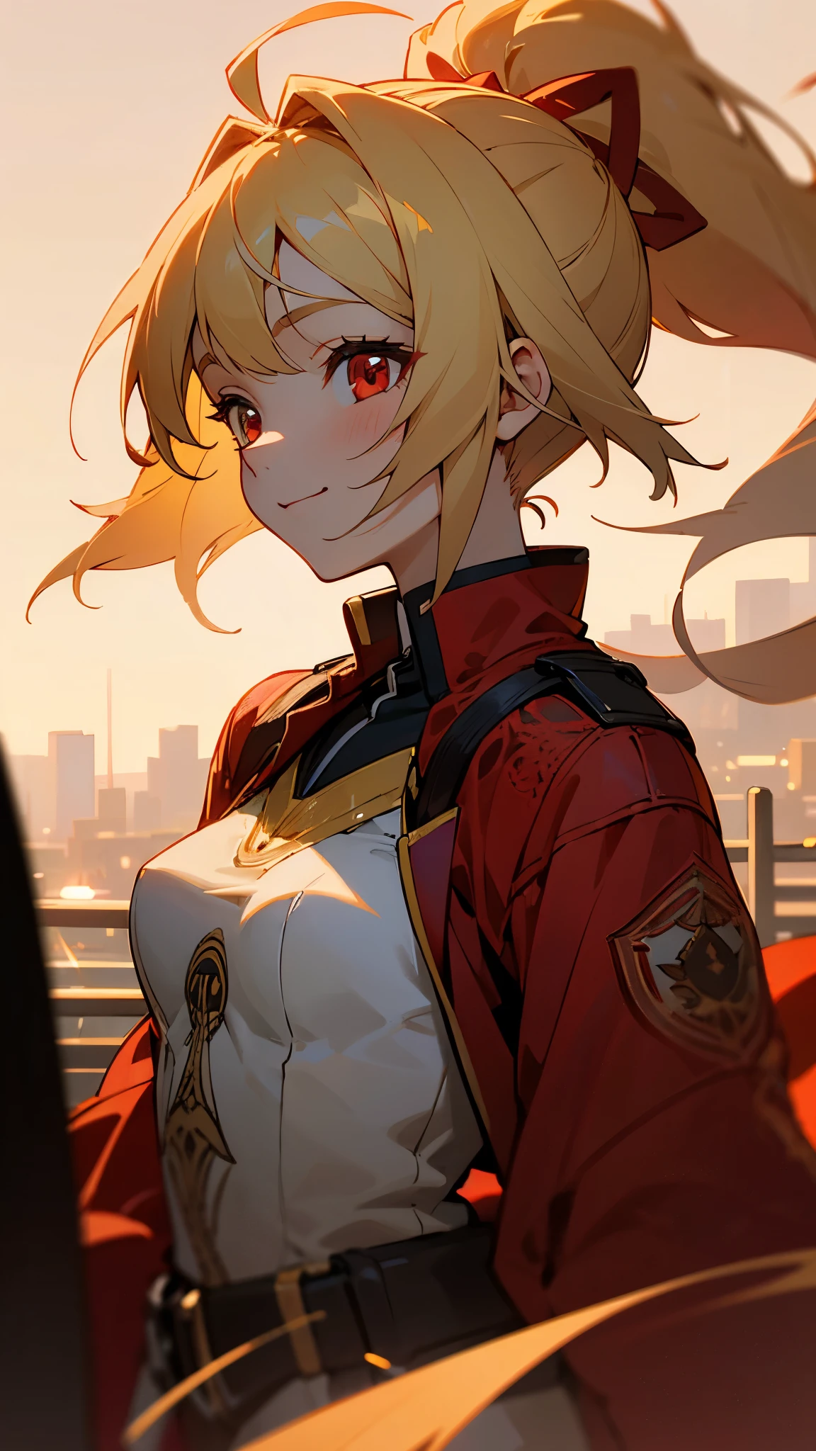 1 girl、8k、Sharp focus、(Bokeh) (highest quality) (Detailed skin:1.3) (Intricate details) (anime)、Genki girl、Small breasts、Red Riders Jacket、blonde、Beautiful red eyes、ponytail、Ahoge、gloves、Bright smile、terrace、Blowing in the wind、Golden Hour Sky、Upper body close-up、Sharp contours