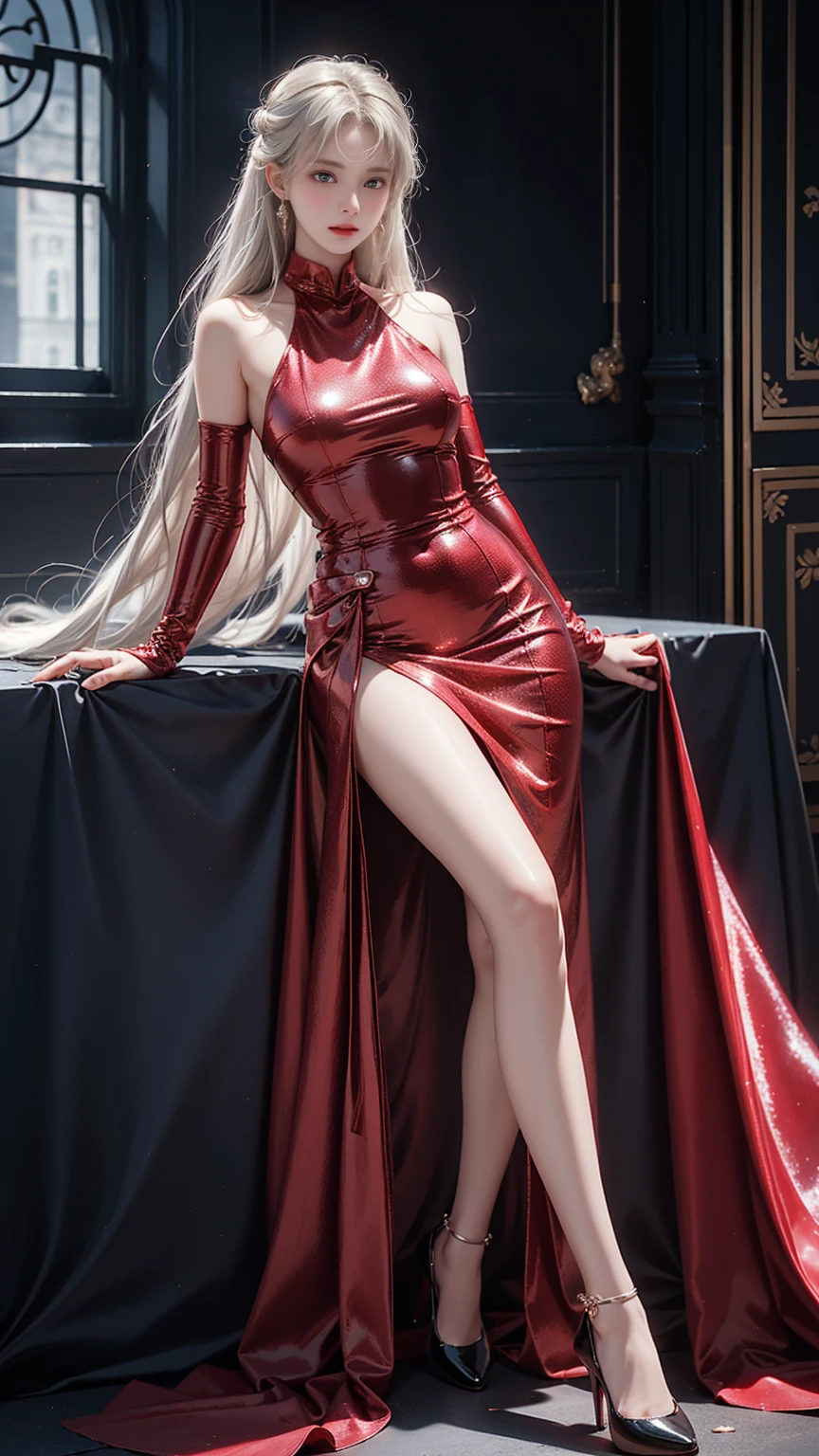 Top quality work，Realistic works，Super premium graphics card，8K HD CG works，High-quality graphics，High-definition exquisite CG works，10x pixel，Extremely fine details：1.1，Advanced technical details：1.1Photographic Reality，室内Lighting Effects：1.5，Natural light：1.5. Lighting Effects（虚拟Lighting Effects：1.8），Ultra-high resolution，Shiny red dress，Long silver hair，Silver Hair，Transparent hair，High Detail Hair（High-quality hair details：1.1）Clear eyes，Are double eyelids beautiful?，Sharp eye makeup, Delicate eyelash makeup, Thin eyebrows, Ultra-fine eyes，high nose, Lovely red lips, Rosy Cheeks, Exquisite makeup on face , Pretty Face, Perfectly proportioned face,（Advanced facial details：1.1）Collection of Shiny red luxury dresses，Bright red sequined dress，Sequined jacket，Shiny，tight long skirt，Summer ???? hip-wrapped fishtail sleeveless commuter long skirt，Horse socks 100%Panst Gloss Silk Gloss 8D Black Silk Woman，stilettos，Gloves，Beautiful long skirt，beautiful clothes，Red Series，A collection of haute couture dresses，dress photography，Authentic clothing works，In the banquet hall，female artwork，full body view，Costume Goddess，Reality，Astonishing，Today's eyes are bright