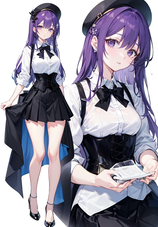 Purple Hair,Long Hair,Adult female,White Y-shirt,((Roll up her sleeves)),(corset),(Black tight skirt),(High heels),Heels are visible,((Simple white background)),smile,((full body)),((whole body)),