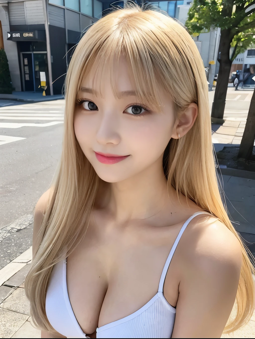 ( Masterpiece, highest quality), 98k, ((Perfect Anatomy:1.3)),Beautiful Japanese Women, Succubus,alone, 18-year-old, Small face,Cute face:1.2,Smiling, Larger breasts, ,Beautifully detailed round eyes, Evenly spaced eyes 1.2, Long platinum blonde hair,Random Hair, (Highly detailed face and skin texture), Beautiful face in golden proportions,White skin,Accentuate your beautiful legs,Student uniform,Random sexy poses, Sunny day,(Standing like a model:1.3)