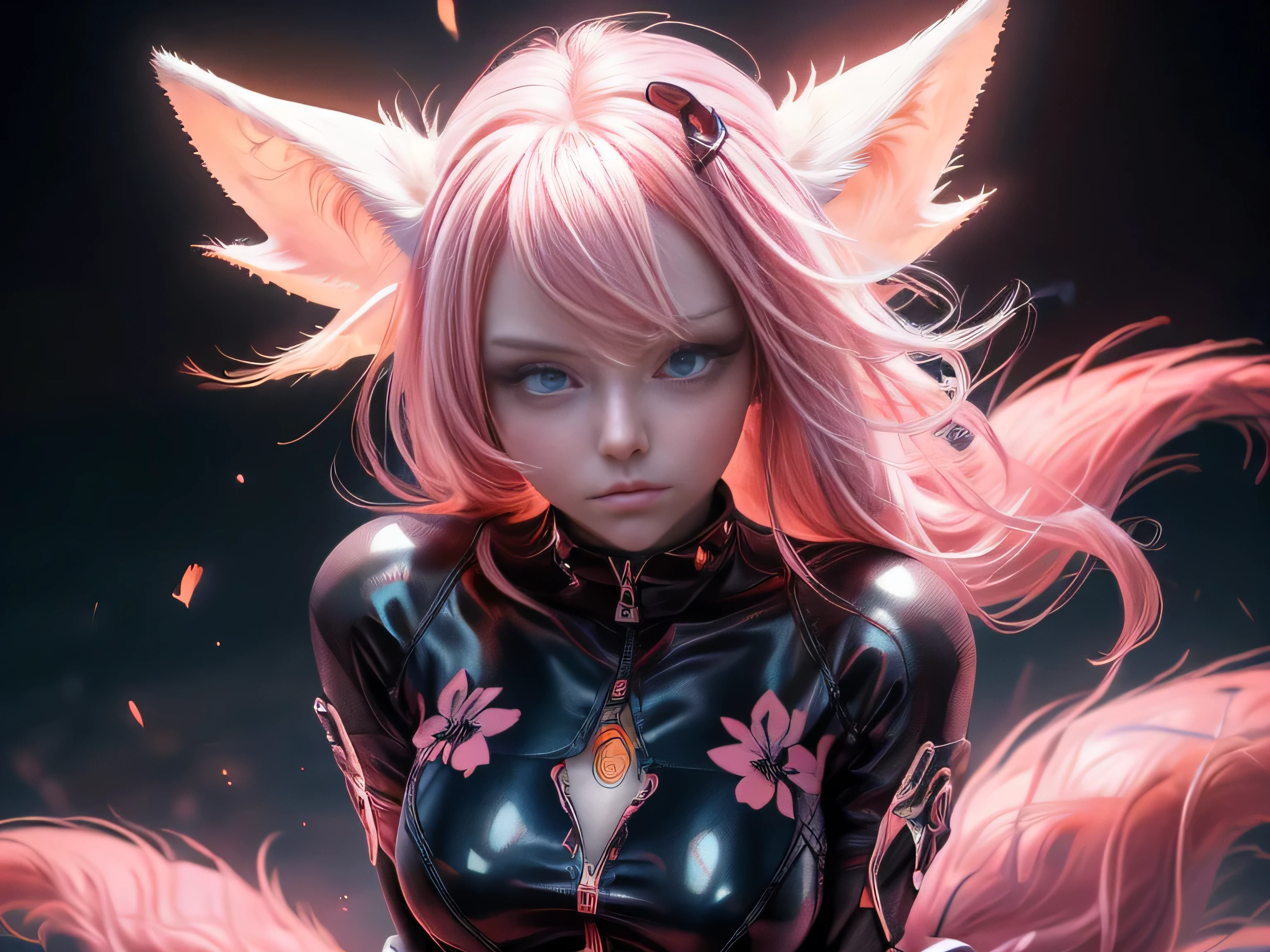 (Best Quality, 8K, Masterpiece, HDR, Soft Lighting, Picture Perfect, Realistic, Vivid), Nine tails of snow white fox(1.0), milk fox tail(1.0), nine tailed fox, anime girl with pink hair and pink, dressed in sexy leather suit, beautiful fantasy anime, very beautiful and cute fox girl, pink flower rain, background blur, anime fantasy, work in the style of Gouves, realistic:1.37, view from above, lies in pink flowers, horizontal view, (ultra high quality fantasy art), masterpiece, male model, ultra high quality female character designs, anime art with 8k development, realistic anime art, highest quality wallpaper illustrations, complex ultra high quality accurate female characters faces, high quality design and accurate physics (super-quality fantasy style)), art, dark fantasy)) Style), masterpieces, super-quality characters, anime resolution - 8K, realistic anime art, wallpapers with the highest quality illustrations, ultra-high detail of faces, high-quality design and physics accuracy), color, depth of field, shadows, ray tracing, production of high-quality computer wallpapers and 8K resolution, (Accurate simulation of the interaction of light and materials)], [High-quality detailed hair [More about beautiful and shiny red hair]], (Beautifully detailed hands [perfect fingers [Perfect nails]], (perfect anatomy (perfect proportions)))) [[Full length]], [Perfect color combination (Accurate imitation of the interaction of light and material)], [art that conveys the meaning of the story ]