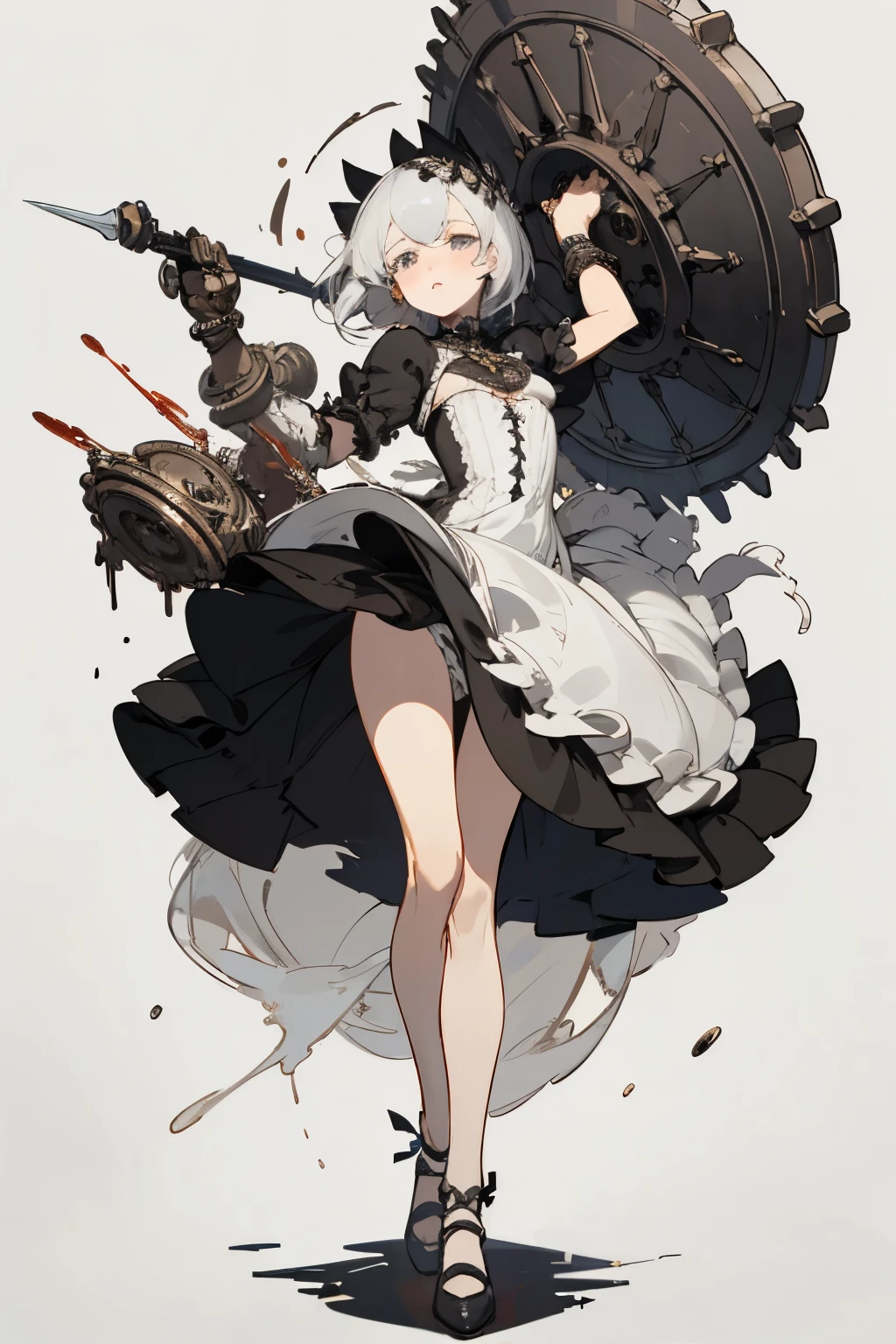 ((best quality)), ((masterpiece)), (detailed), perfect face ((best quality)), ((masterpiece)), (detailed), blank white background, plain background, white background, Bloodborne inspired,  occult aesthetic, occult, detailed and intricate steampunk and detailed gothic, (zentangle, mandala, tangle, entangle),  NSFW, torn clothing, Very dramatic and cinematic lighting, cosmic horror, grim-dark, side-lighting, perfect face, a beautiful goddess adorned and enshrined in armour, Bloodborne inspired , occult aesthetic , occult , detailed and intricate steampunk and detailed gothic , wielding a sword and holding a shield, NSFW, Fluttering lace flared short dress with frilly petticoats, knee length dress, pleated petticoats, ta dress, petticoats gothic loliside-lighting, gothic lolita aetic, beautiful small breasts, small breasts, full body, whole body, body, plain background, white background, blank background, no background, white background NSFW, full body, whole body, head-to-toe
