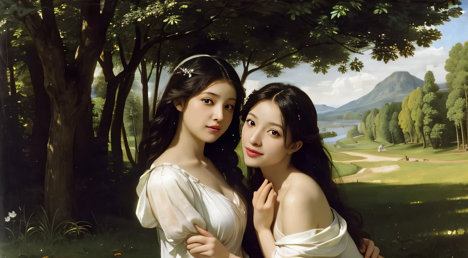 Giorgione painting style,Barbizon forest A beautiful woman in Greek dress smiles on the shore,Sweet and seductive appearance.、Caravaggio's paintings、Chiaroscuro of Caravaggio、hair tousled by the wind,Two women frolicking,cute smile, expression of ecstasy,Sexy,erotic, full body portrait