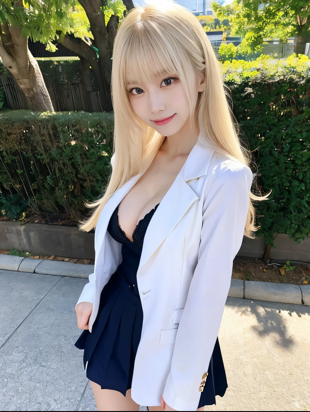 ( Masterpiece, highest quality), 98k, ((Perfect Anatomy:1.3)),Beautiful Japanese Women, Succubus,alone, 18-year-old, Small face,Cute face:1.2,Smiling, Larger breasts, ,Beautifully detailed round eyes, Evenly spaced eyes 1.2, Long platinum blonde hair,Random Hair, (Highly detailed face and skin texture), Beautiful face in golden proportions,White skin,Accentuate your beautiful legs,Student uniform,Random sexy poses, Sunny day,（Standing like a model:1.3）