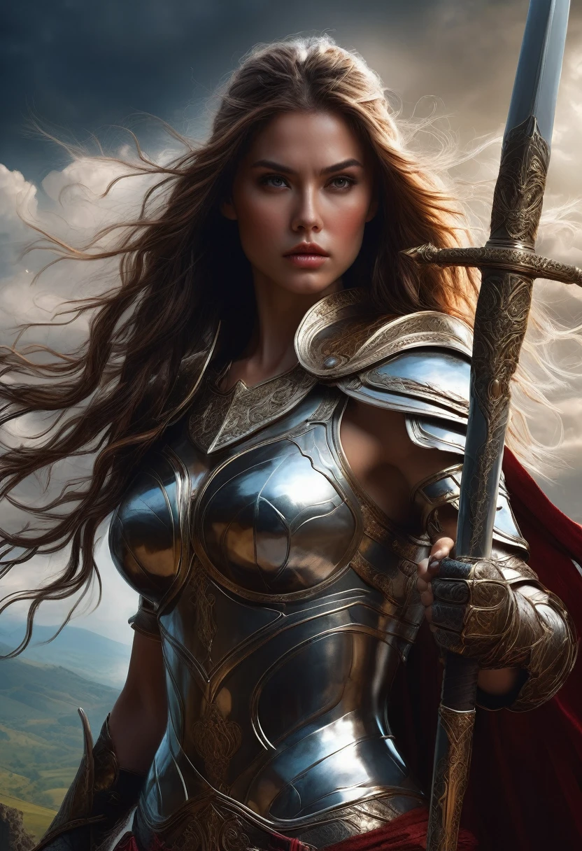 Female Warrior, a female warrior, intricate armor, detailed facial features, piercing eyes, sharp nose, full lips, long eyelashes, flowing hair, fierce expression, powerful stance, brandishing a sword, epic fantasy landscape, rolling hills, ancient ruins, sunlight streaming through clouds, dramatic lighting, rich color palette, cinematic composition, award-winning digital art, hyper-detailed, photorealistic, 8k