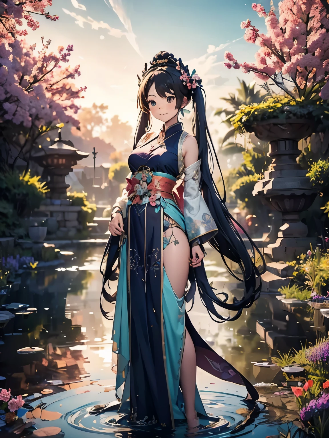 (masterpiece、highest quality、highest quality、Official Art、Beautiful and beautiful:1.2)、(One girl:1.3)Hatsune Miku、Twin tails,Beautiful breasts,award winning Digital Art, Half-body portrait of a beautiful woman in Tang Dynasty costume, Move your head、Long, flowing hair in an azure, turquoise hairstyle, Big smile, Sparklingした目, sexy, In the flower field, Golden sunset, Particles Dust, Sparkling, Paint splashes, Splash, Overtake, Vaporware, Shaded flat illustration, Digital Art, Trending on Art Station, Very detailed, The finer details, complicated